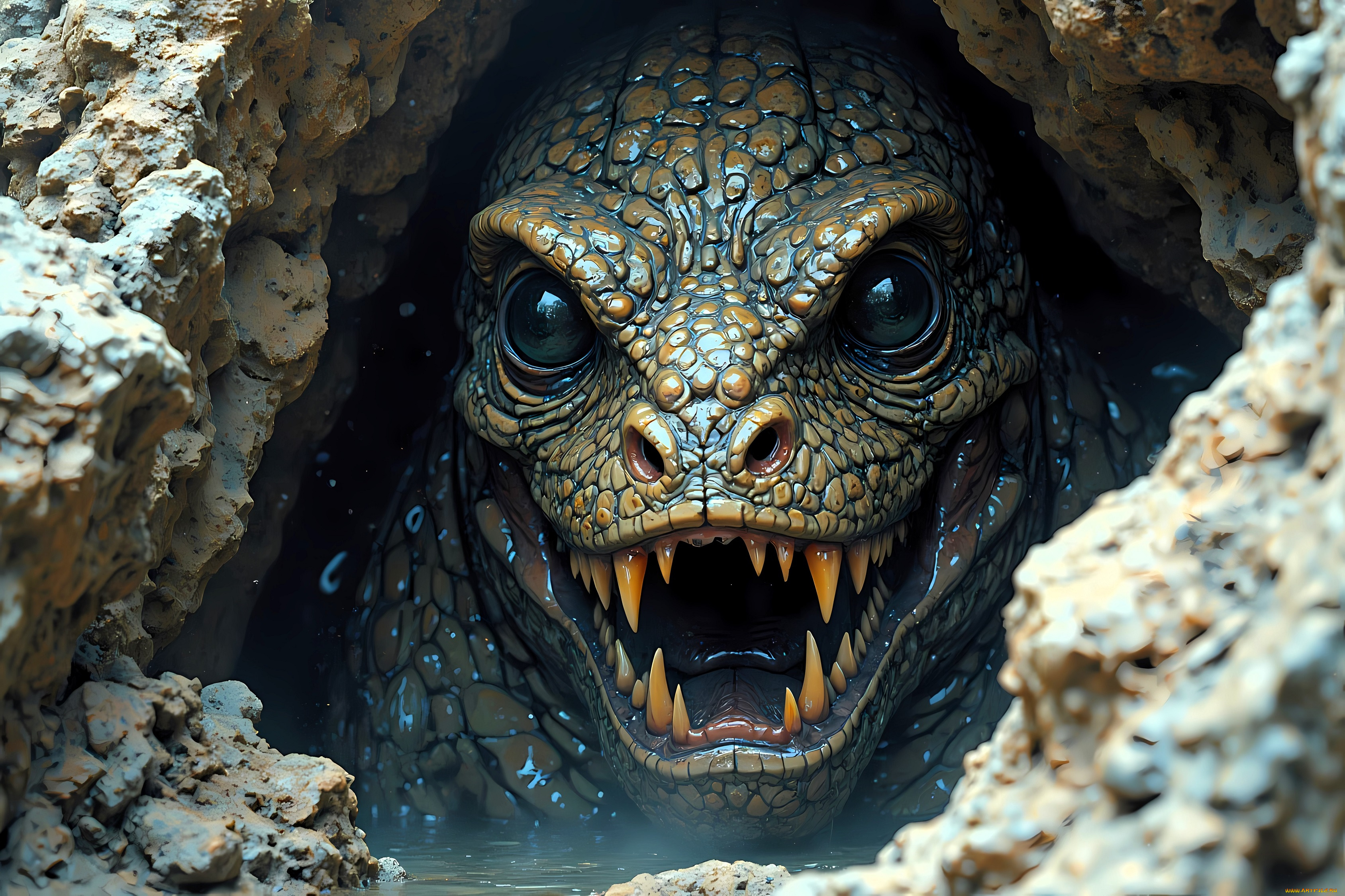 3д, графика, фантазия, , fantasy, монстр, существо, ящер, голова, пасть, пещера