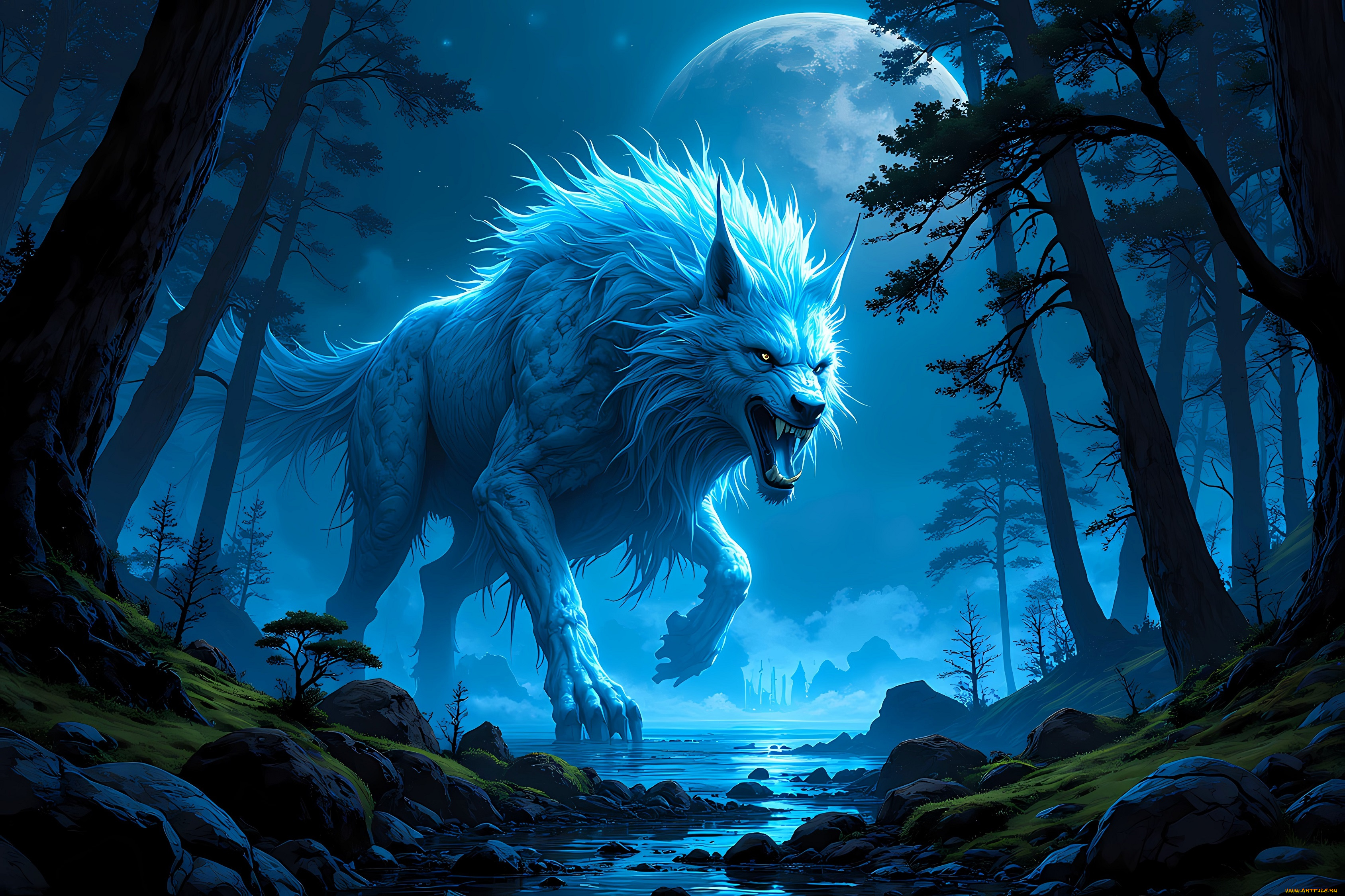 фэнтези, оборотни, оборотень, луна, лес, ручей