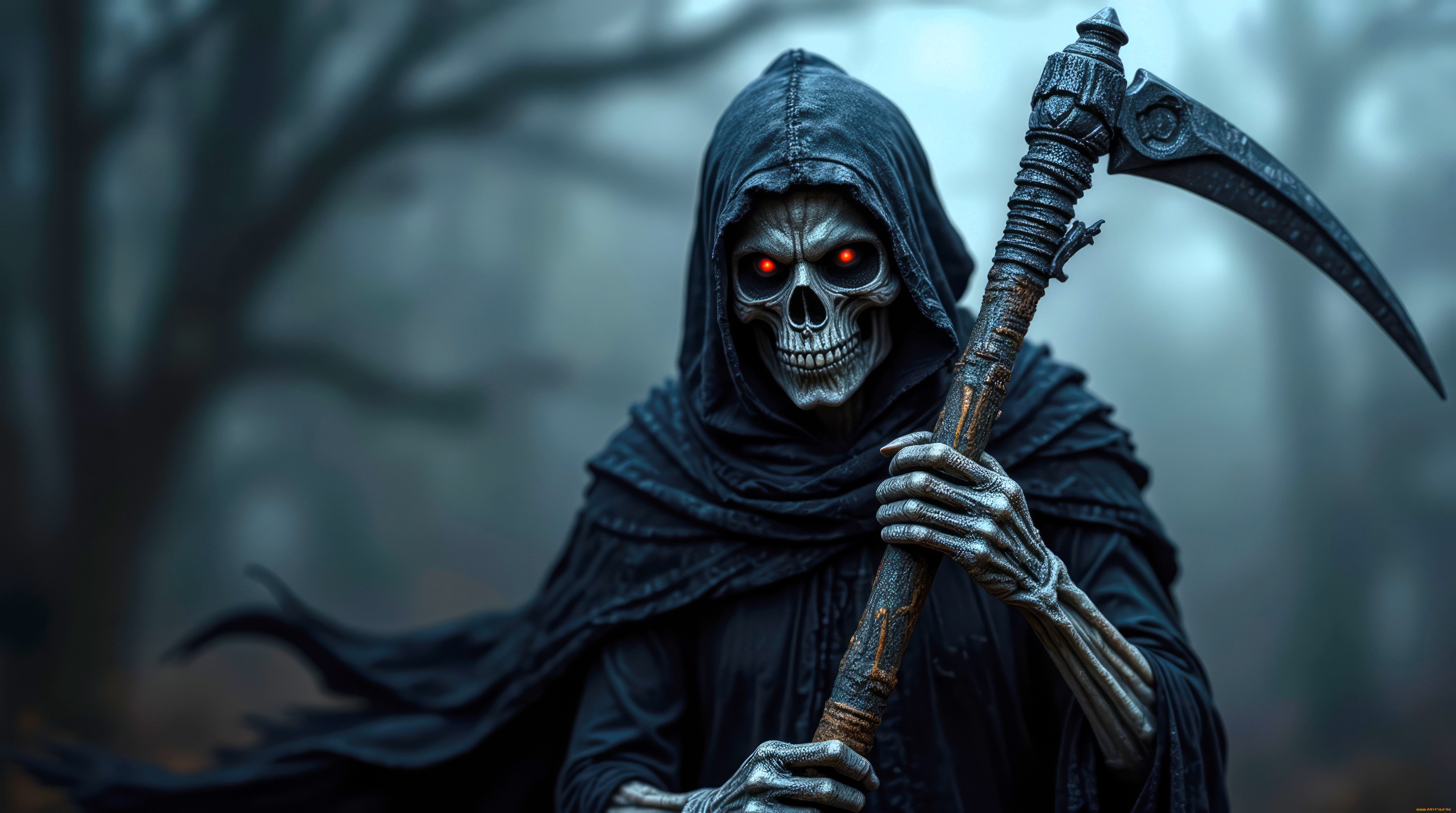 3д, графика, ужас, , horror, смерть, коса, балахон, туман