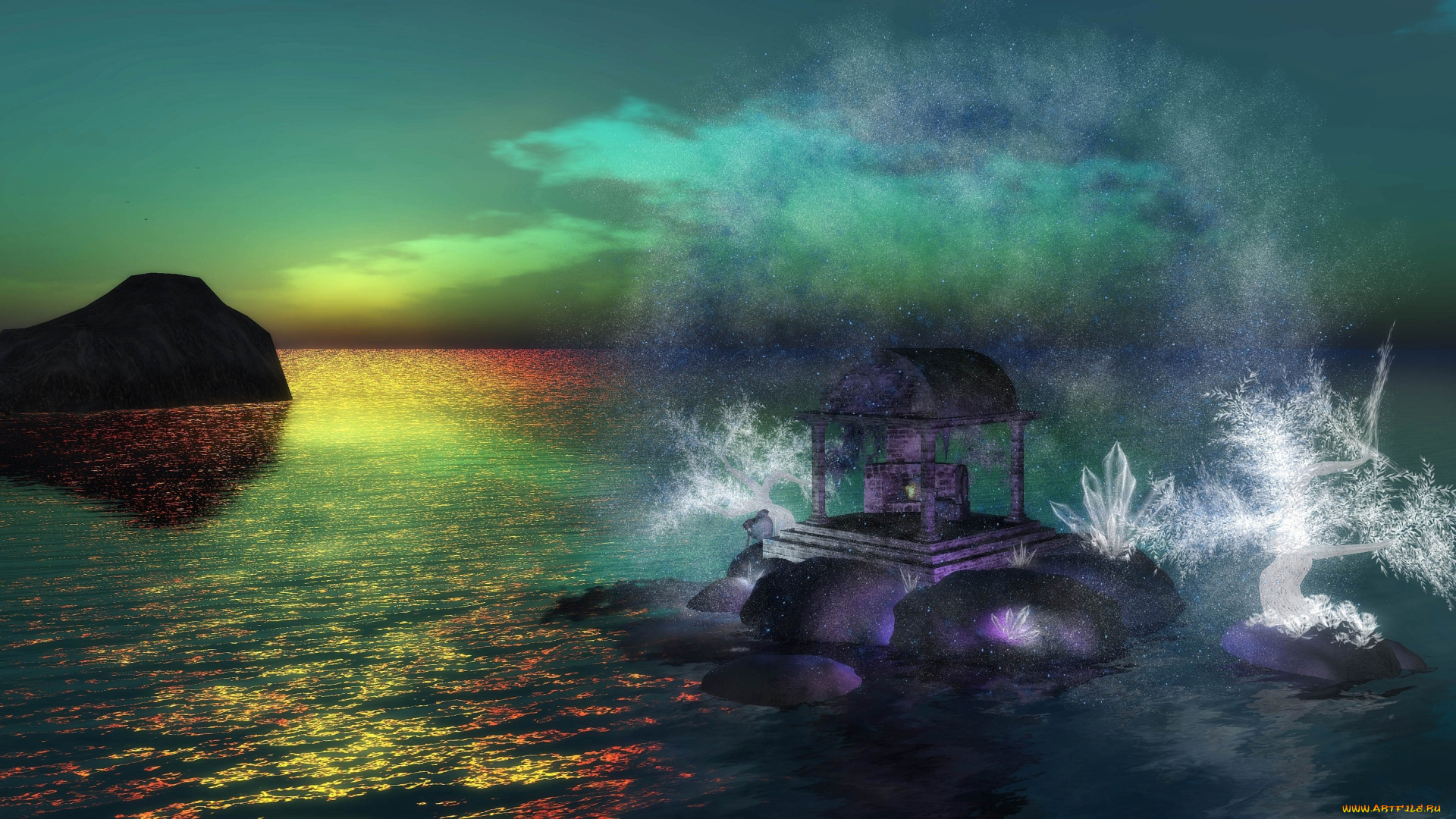 3д, графика, fantasy, фантазия, брызги, море, дерево, закат