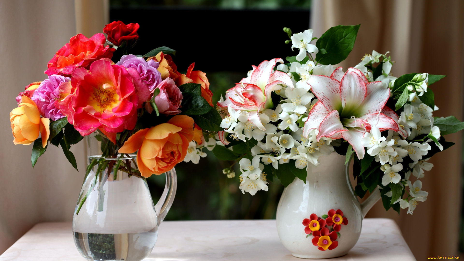 цветы, букеты, композиции, амариллис, жасмин, розы, кувшины