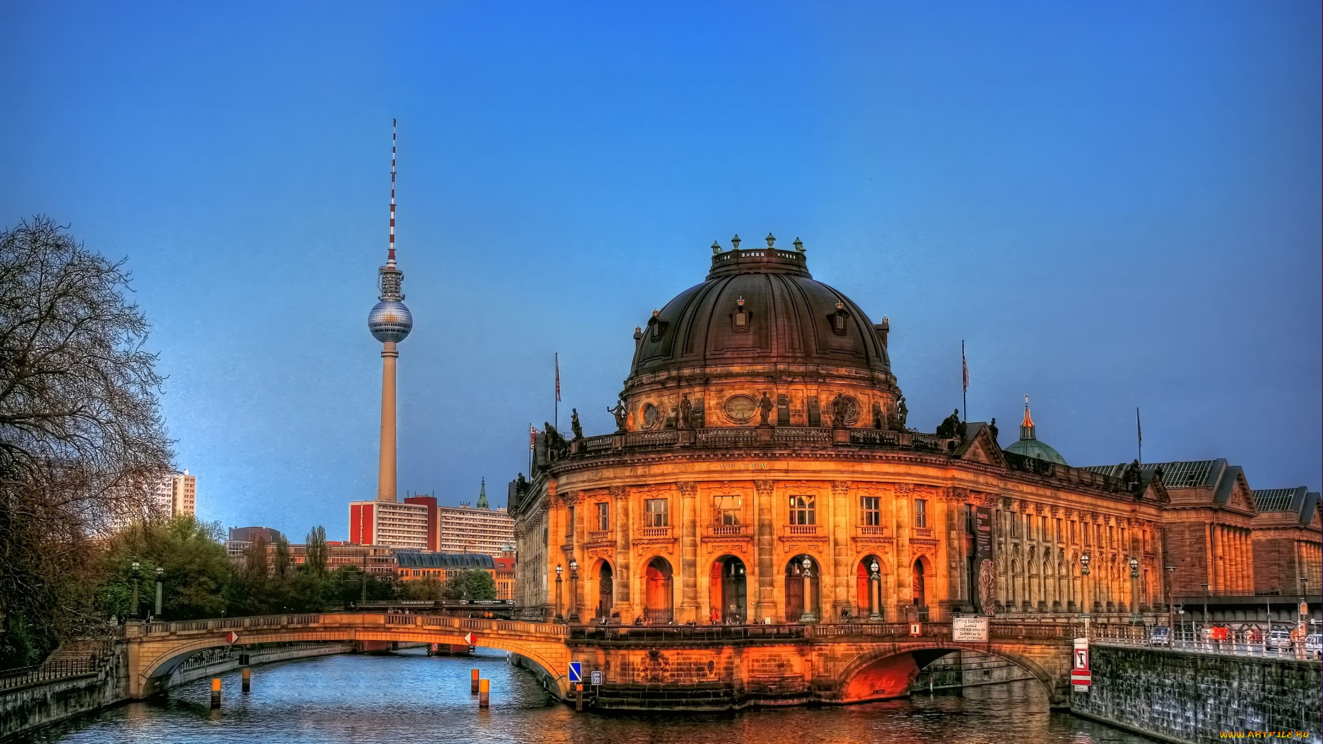 города, берлин, германия, мост, вечер, музей, здание, река
