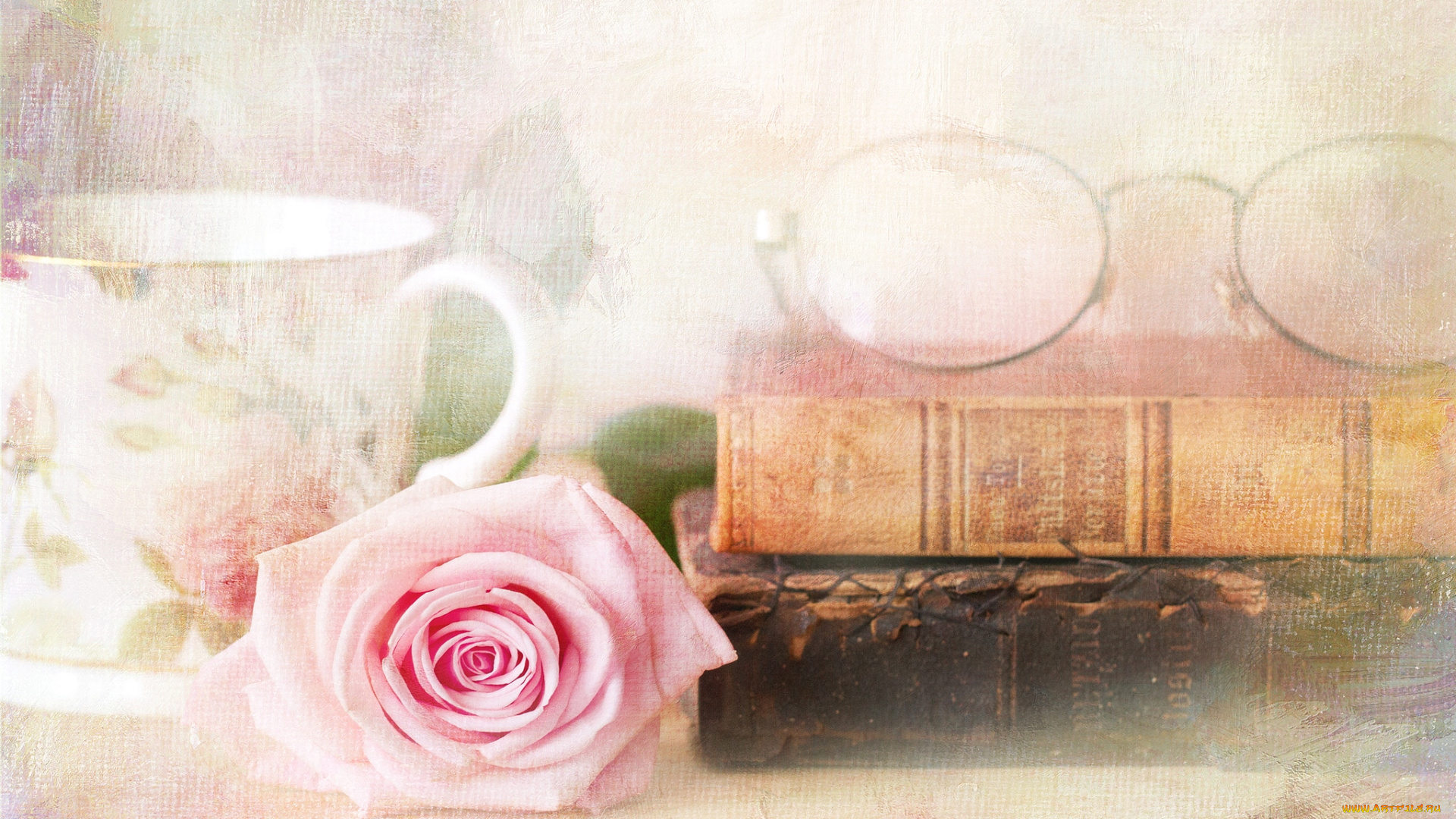 цветы, розы, винтаж, текстура, чашка, книга, очки