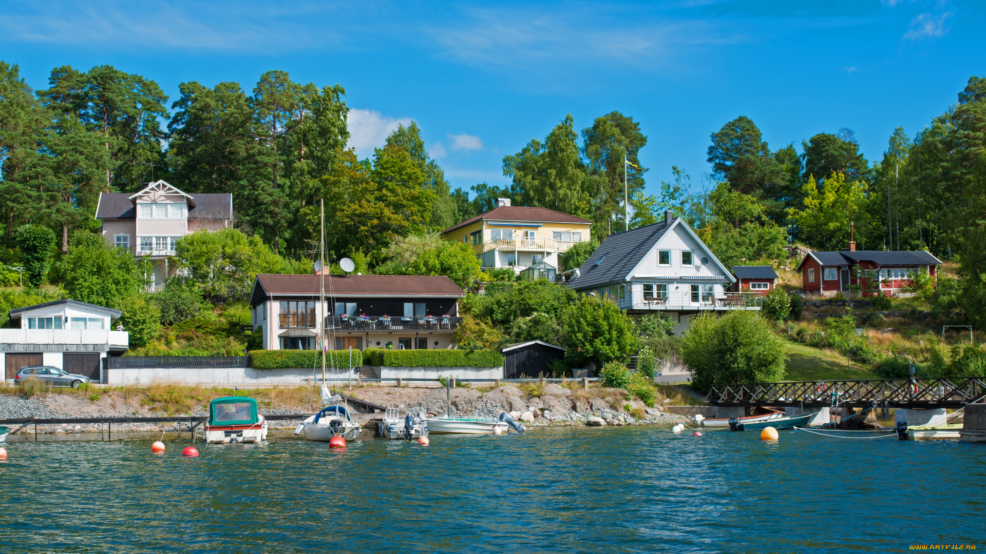 швеция, стокгольм, vaxholm, города, река, набережная, дома