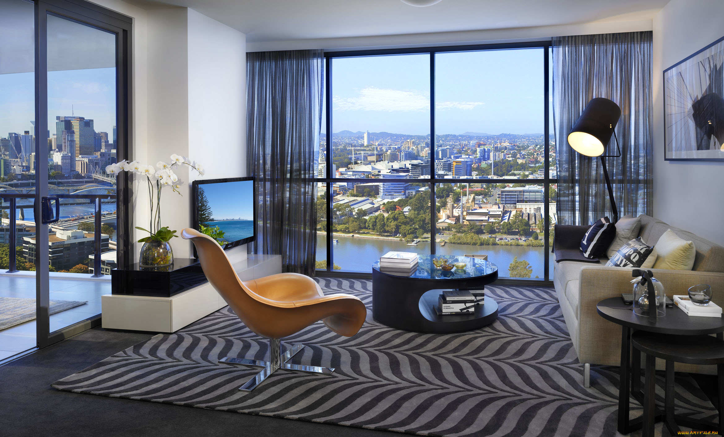 интерьер, гостиная, кресло, диван, телевизор, столик, лампа, окно, город