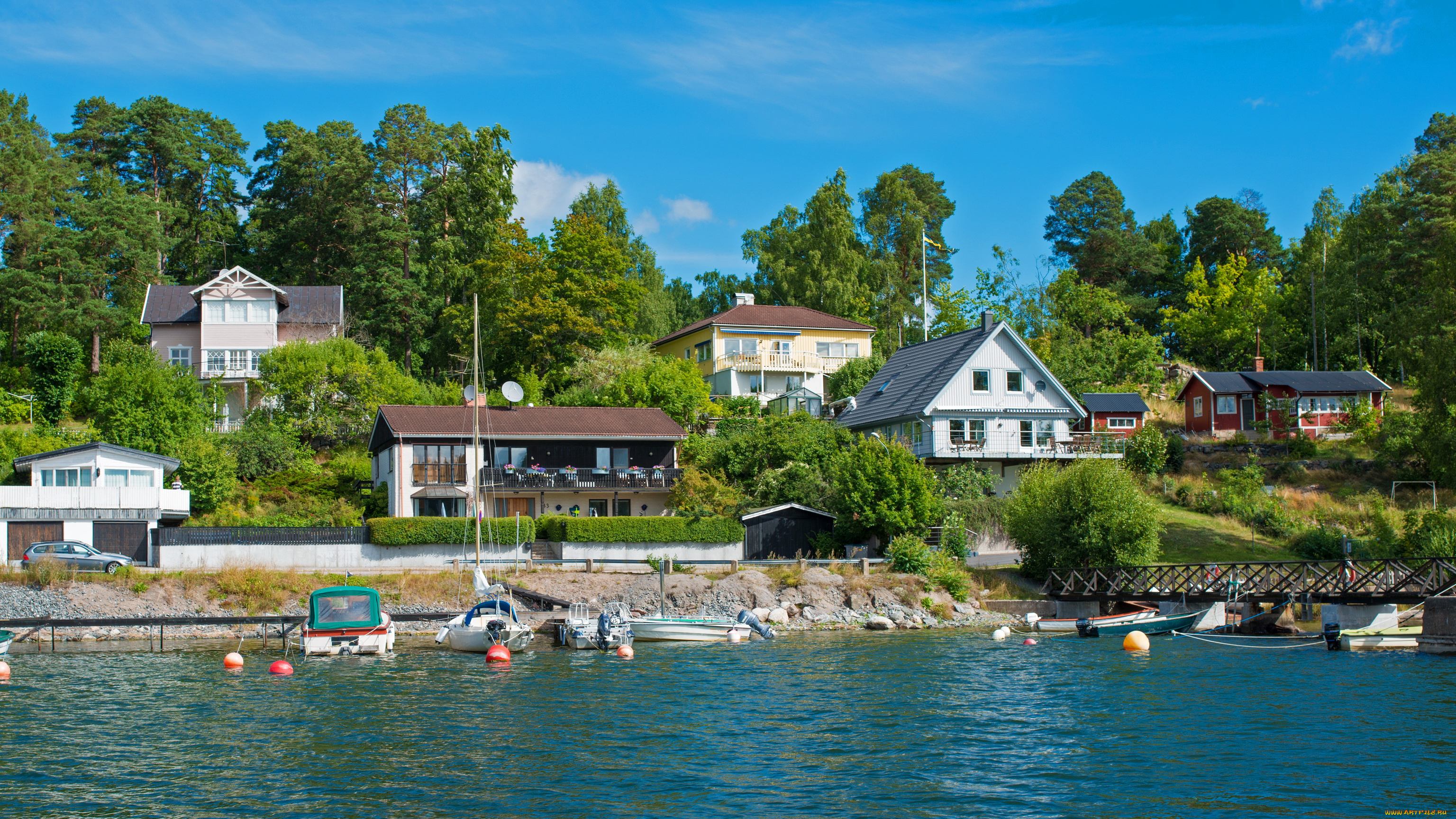 швеция, стокгольм, vaxholm, города, река, набережная, дома