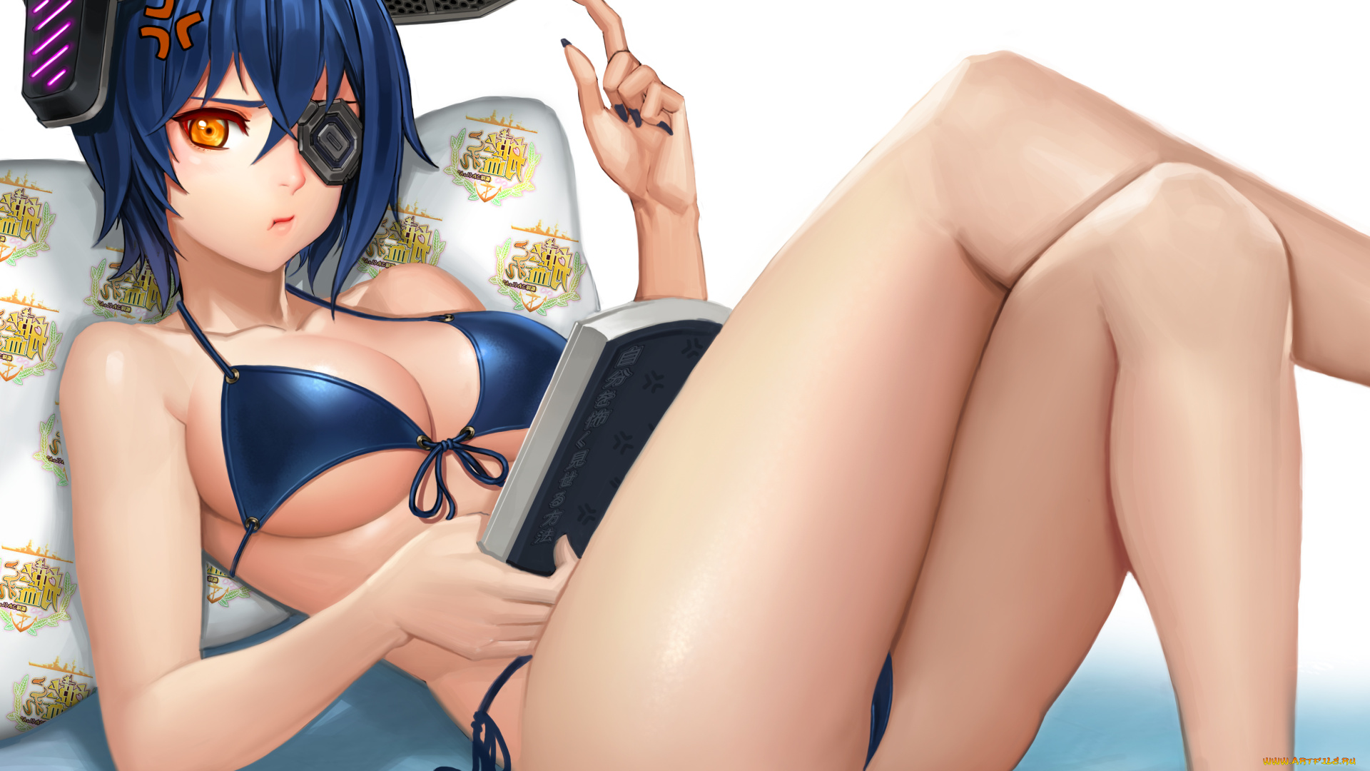 аниме, kantai, collection, art, ake, девушка, tenryuu, взгляд, недовольство, бикини, грудь, попка, книга, kantai, collection