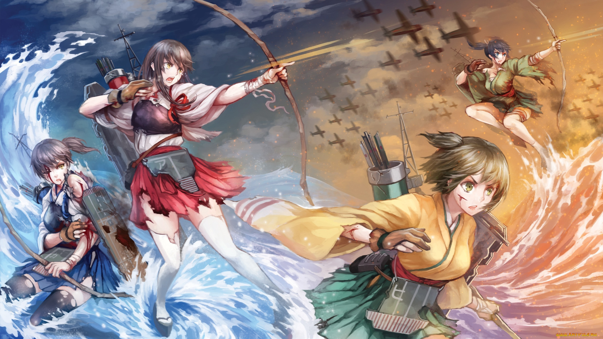 аниме, kantai, collection, art, haimerejzero, девушки, akagi, hiryuu, kaga, souryuu, злость, удивление, кровь, раны, оружие, огонь, море, kantai, collection