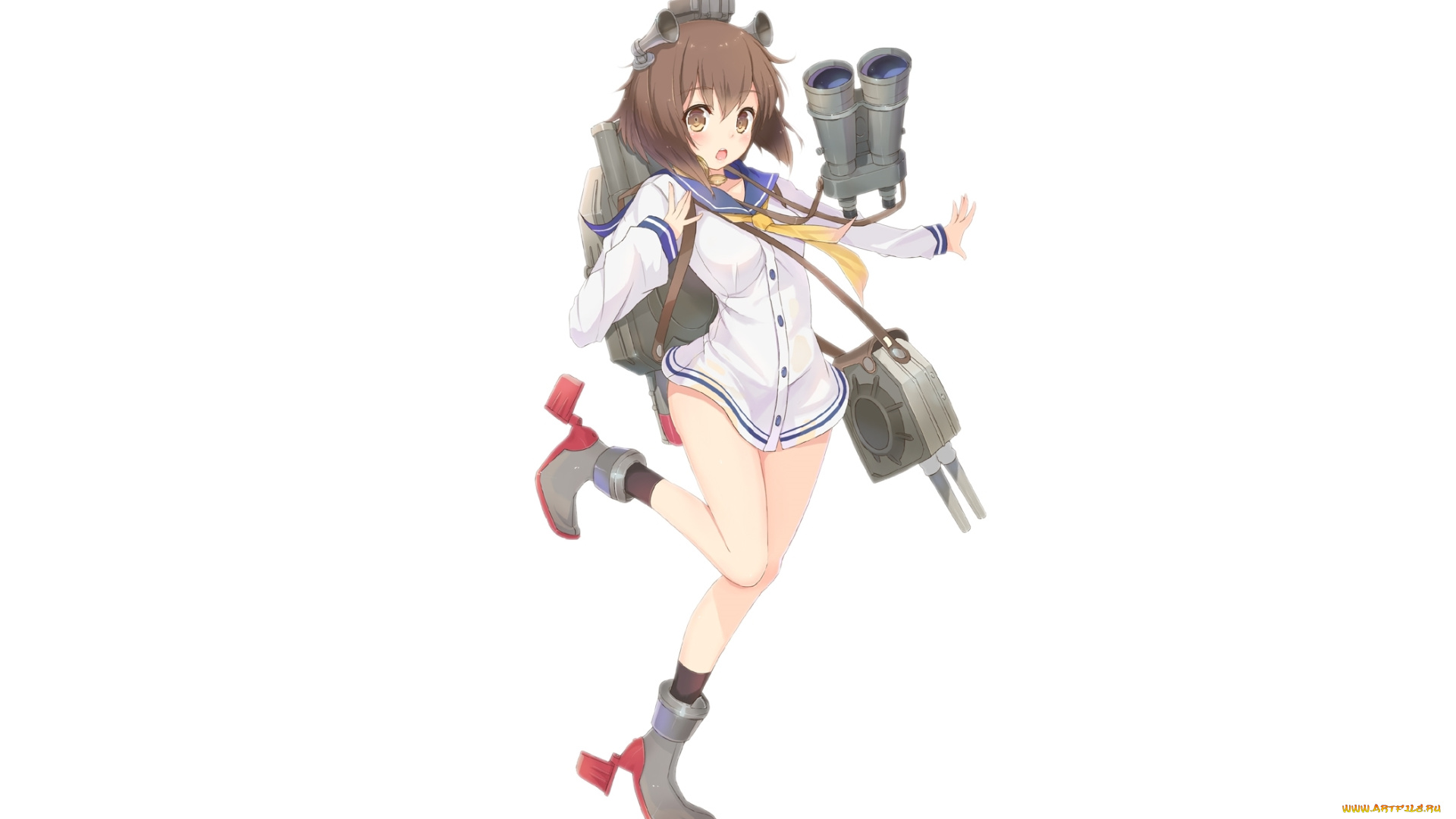 аниме, kantai, collection, art, kagerou, девушка, yukikaze, destroyer, удивление, смущение, жест, оружие, простой, фон, kantai, collection