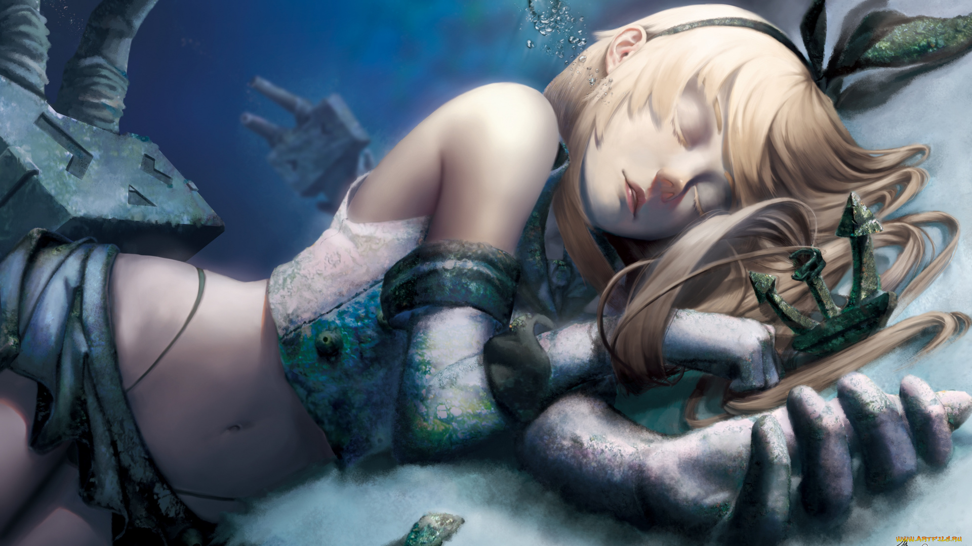 аниме, kantai, collection, art, lepus, девушка, shimakaze, destroyer, сон, море, роботы, kantai, collection