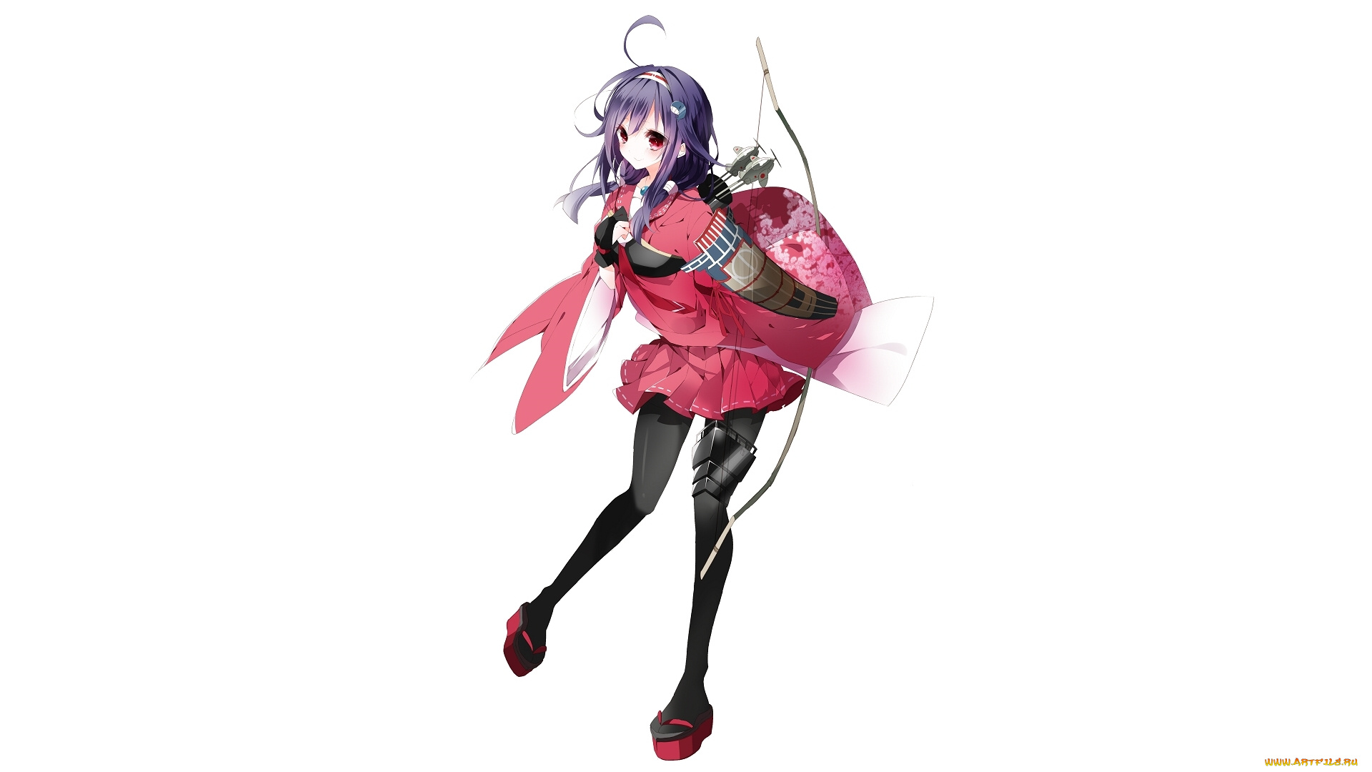 аниме, kantai, collection, art, maryrara, девушка, ryuuhou, seaplane, tender, взгляд, оружие, лук, стрелы, простой, фон, kantai, collection