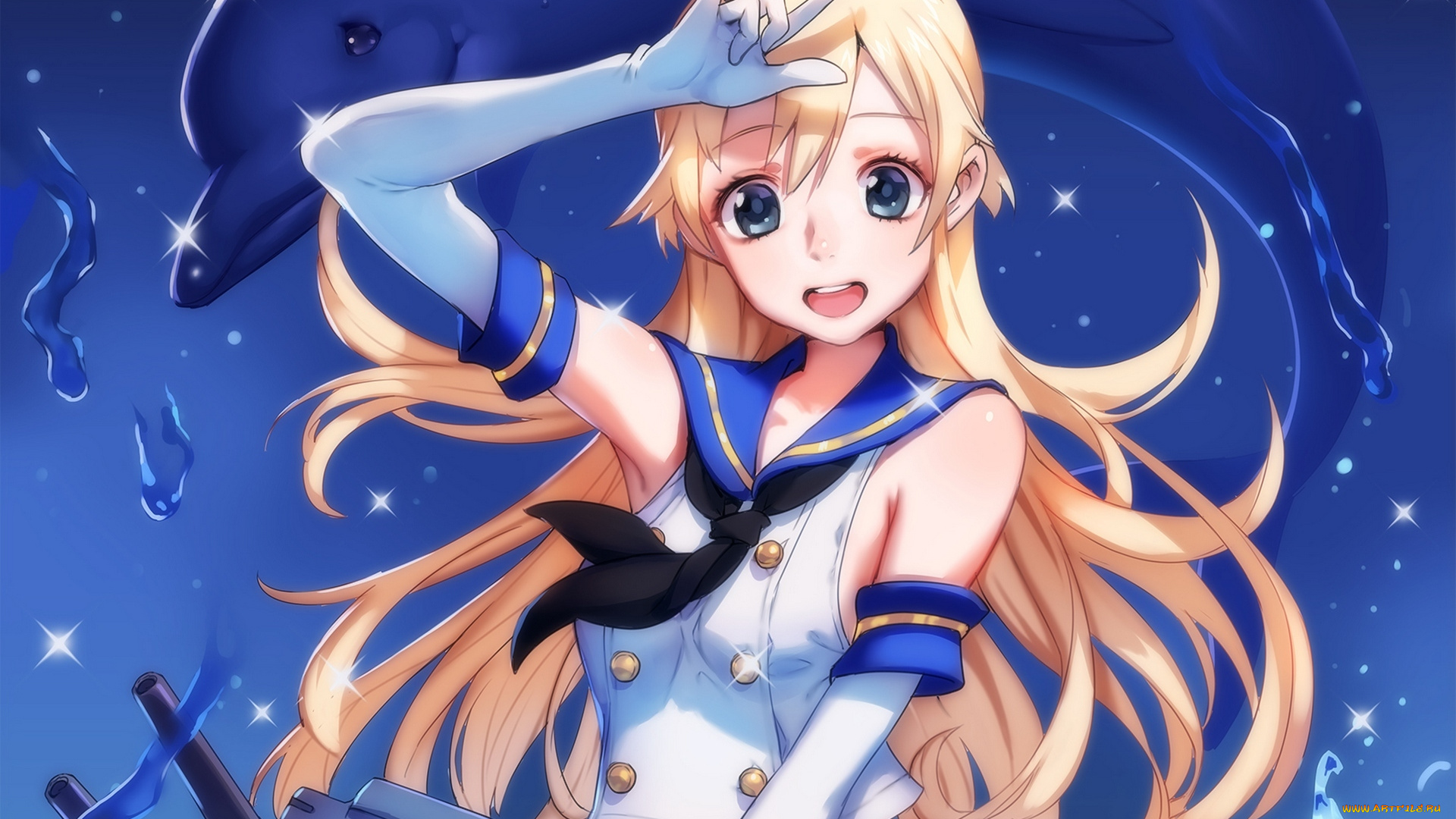 аниме, kantai, collection, art, mhk, девушка, shimakaze, взгляд, радость, жест, матроска, дельфин, робот, брызги, kantai, collection