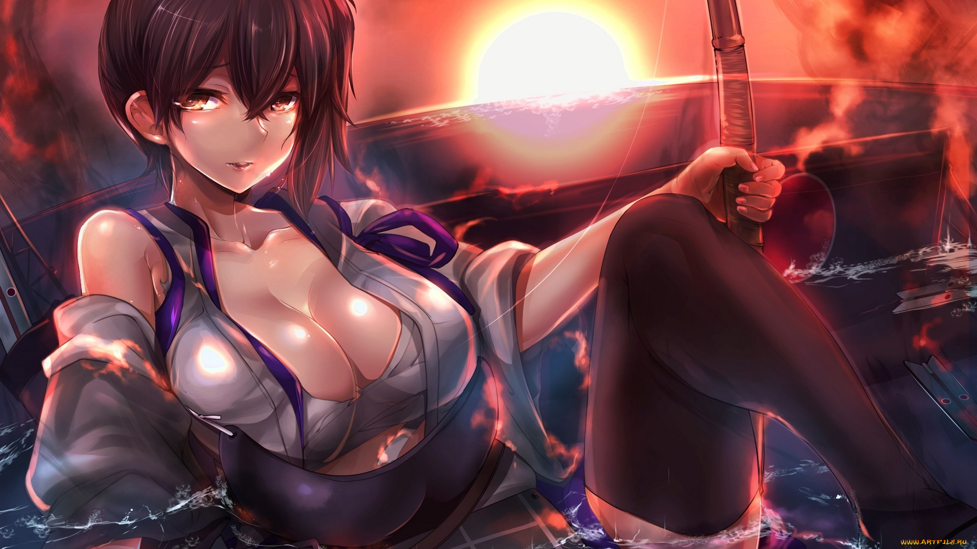 аниме, kantai, collection, art, silly, девушка, kaga, взгляд, улыбка, грудь, оружие, лук, вода, закат, kantai, collection