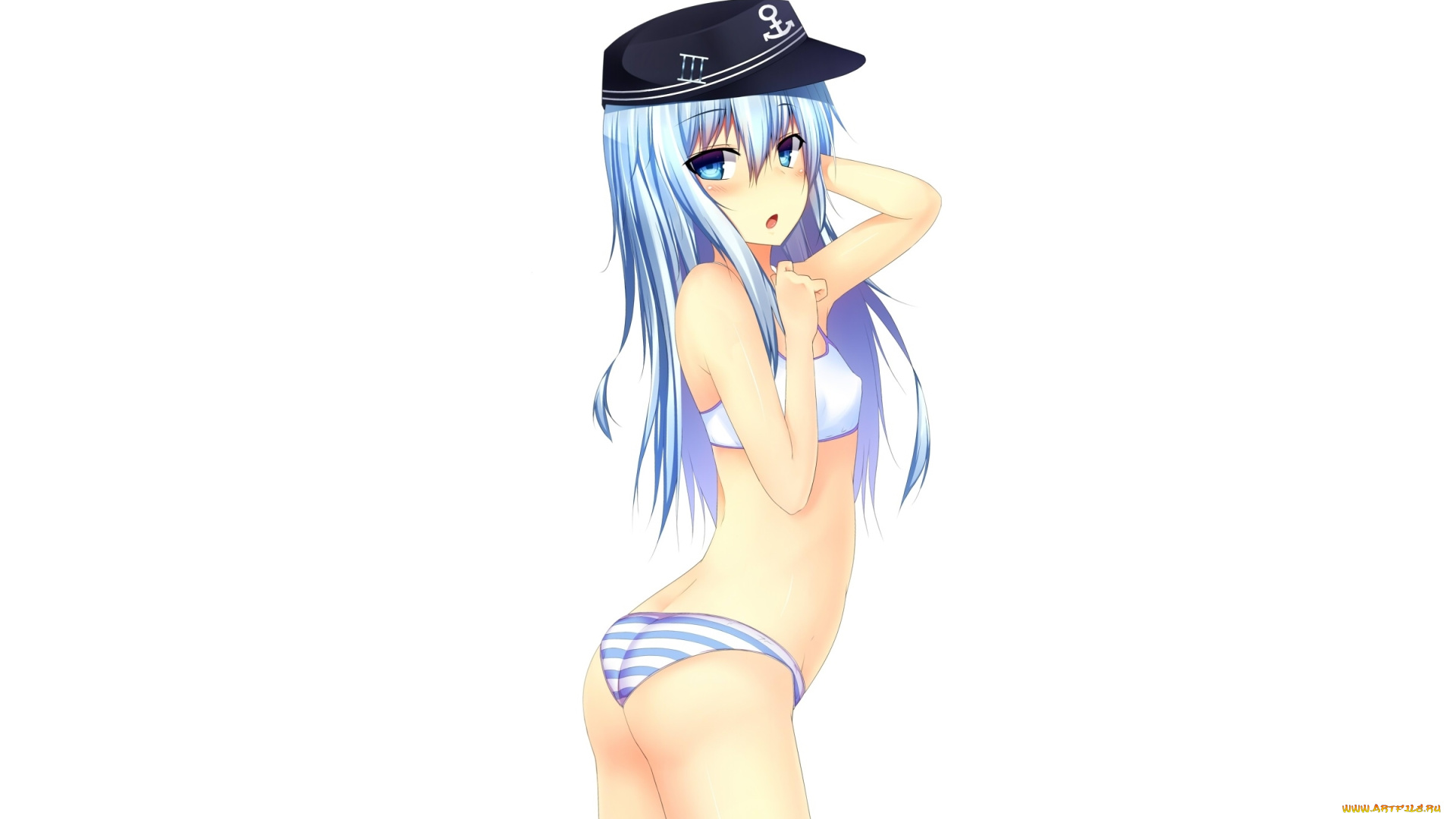 аниме, kantai, collection, art, suteba, девушка, hibiki, destroyer, взгляд, смущение, трусики, простой, фон, kantai, collection