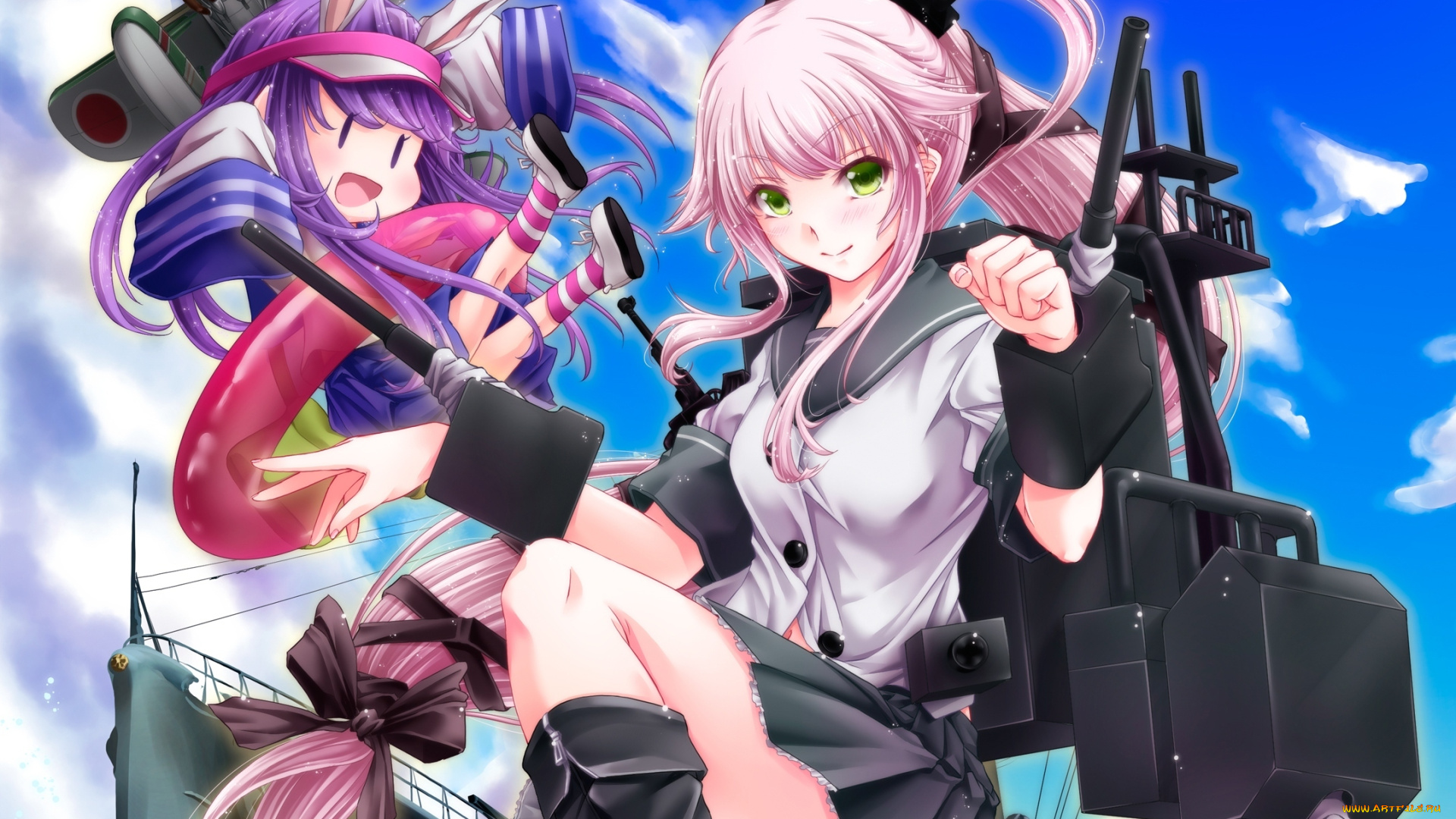 аниме, kantai, collection, art, tsukineko, девушка, yura, взгляд, улыбка, трусики, оружие, чиби, kantai, collection