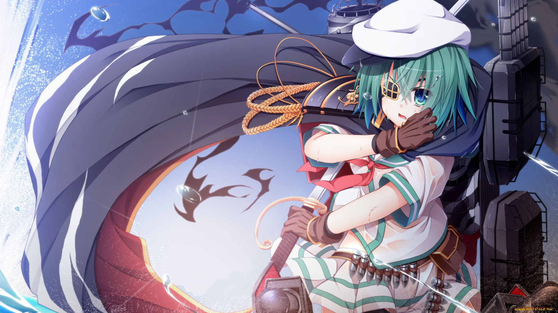 аниме, kantai, collection, art, wakagi, repa, девушка, kiso, взгляд, злость, оружие, дым, море, kantai, collection