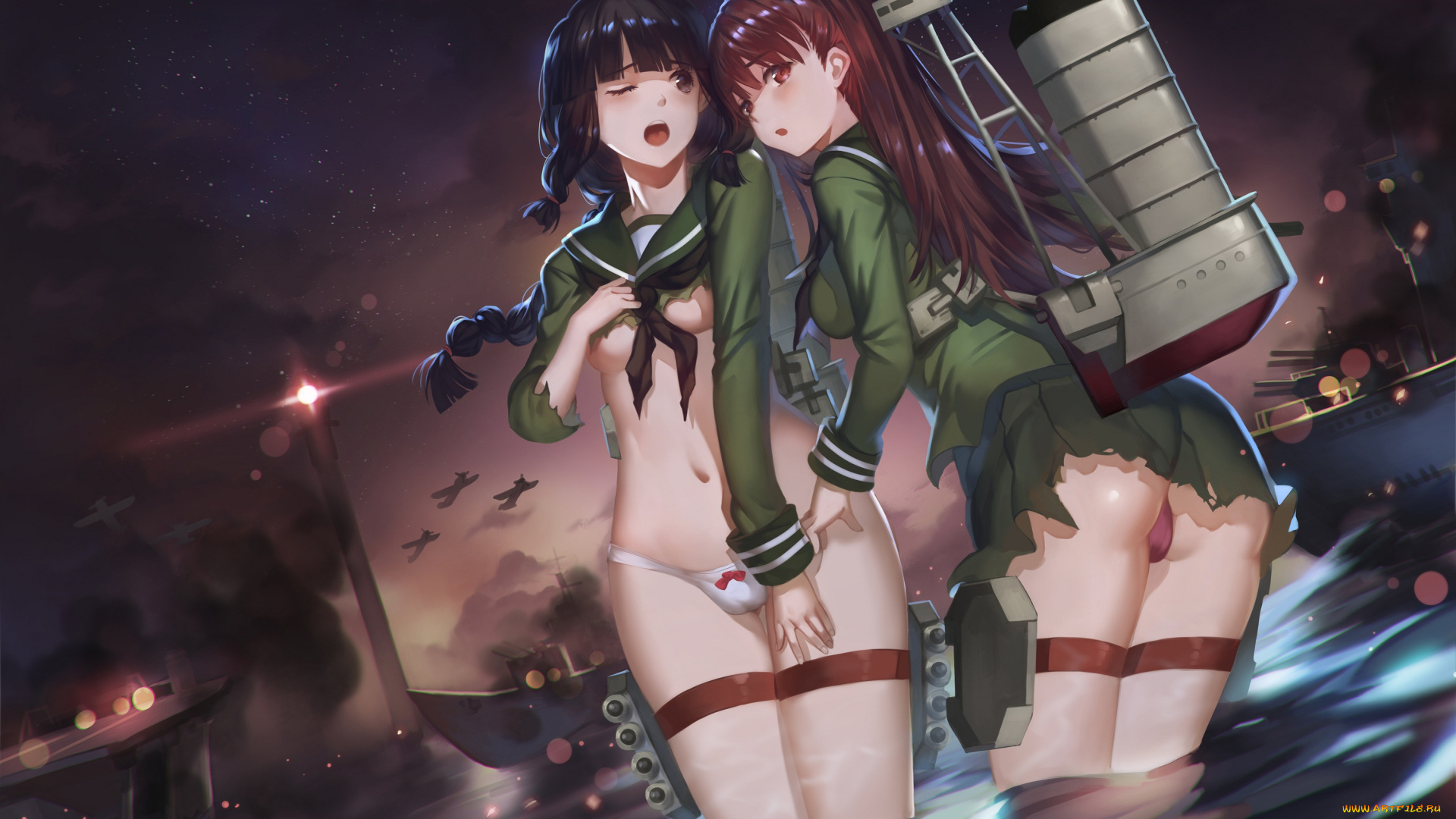 аниме, kantai, collection, art, yykuaixian, девушки, kitakami, light, cruiser, ooi, взгляд, смущение, грудь, трусики, объятья, корабли, самолеты, море, kantai, collection