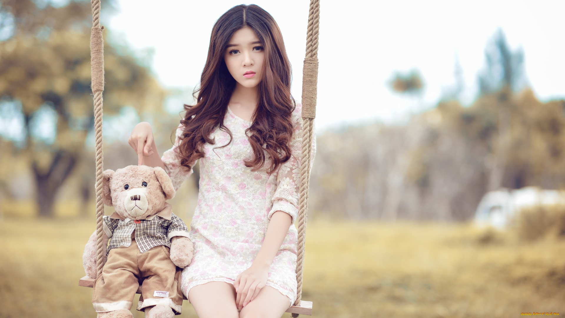 девушки, lilly, luta, качели, мишка