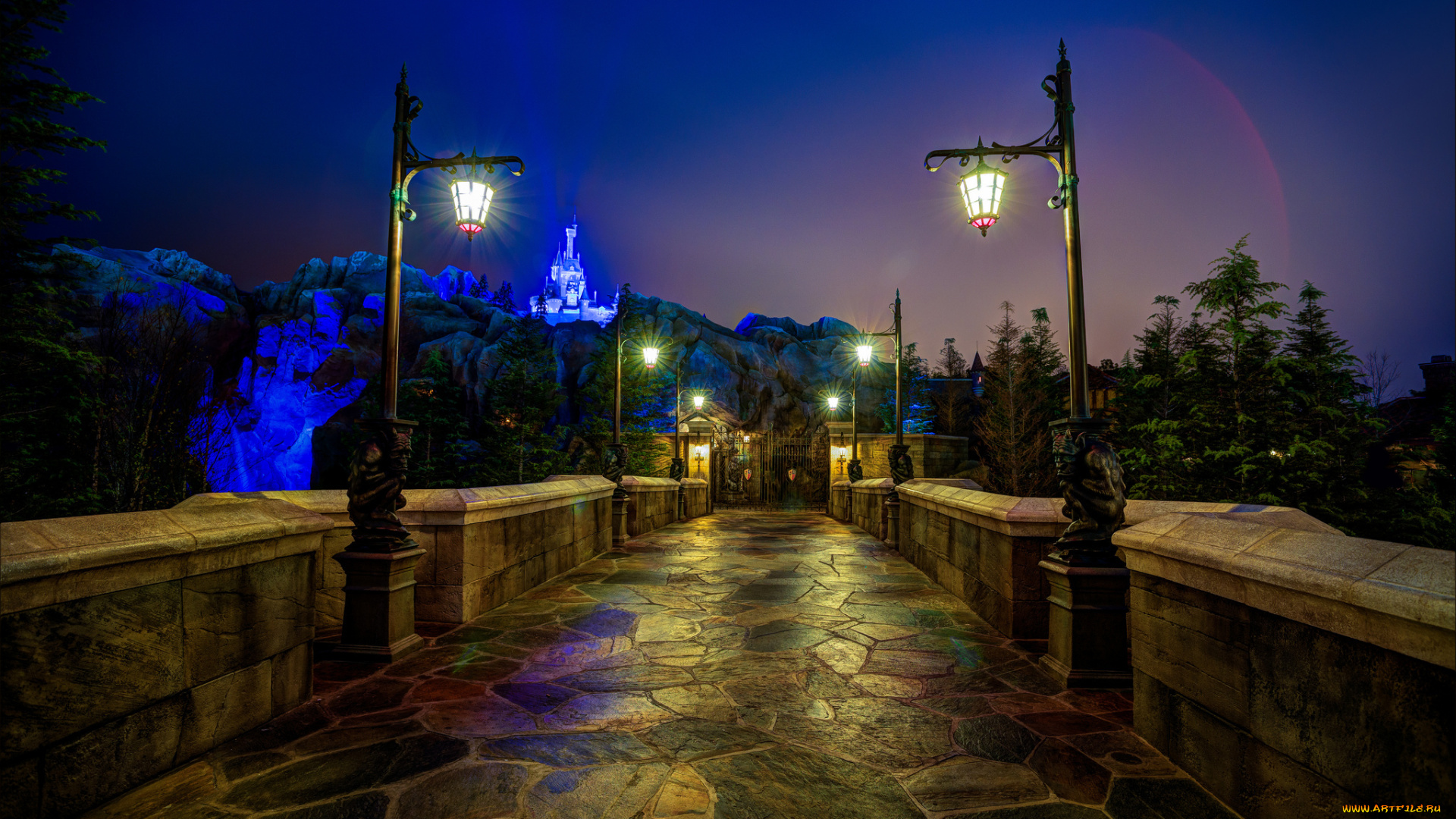 города, диснейленд, волшебное, королевство, орландо, флорида, сша, magic, kingdom, walt, disney, world, disneyland, orlando, usa, фонари, ночь, замок