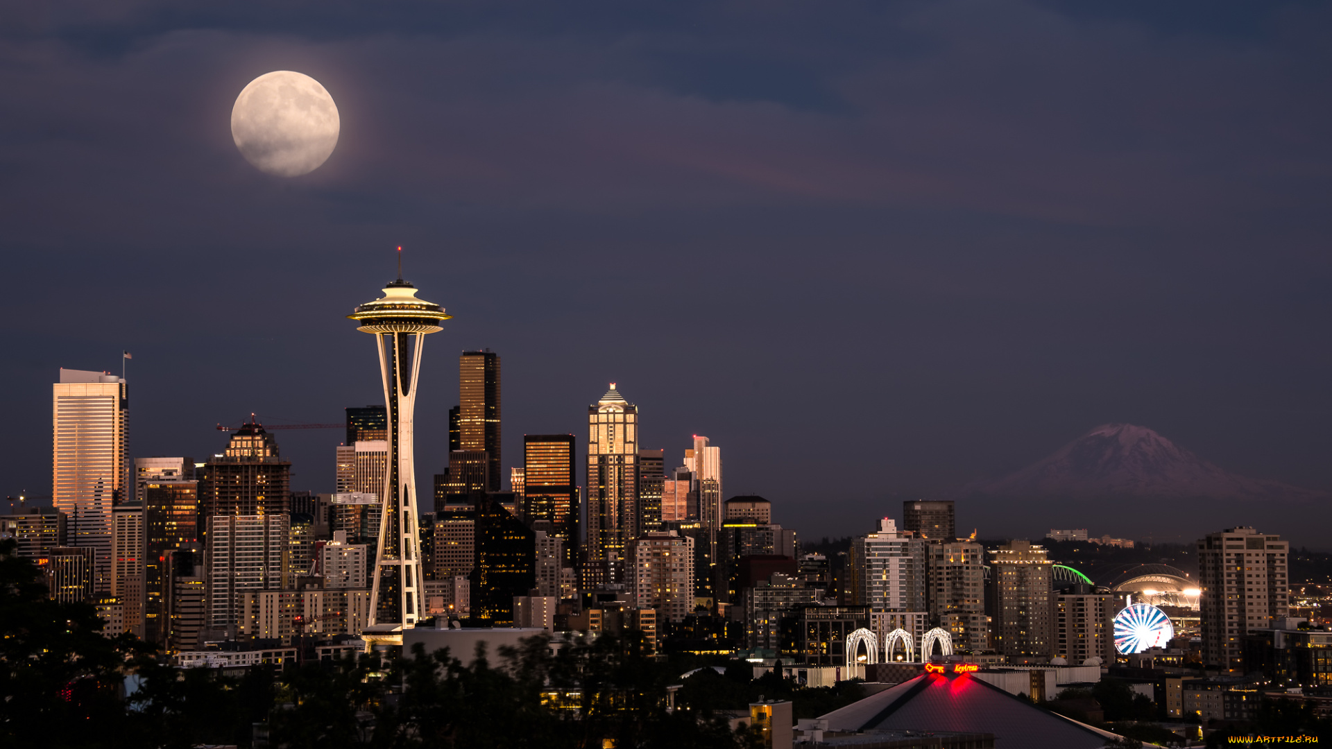 города, сиэтл, , сша, небо, огни, ночь, дома, здания, космическая, игла, space, needle, башня, сиэттл, город, луна, небоскрёбы