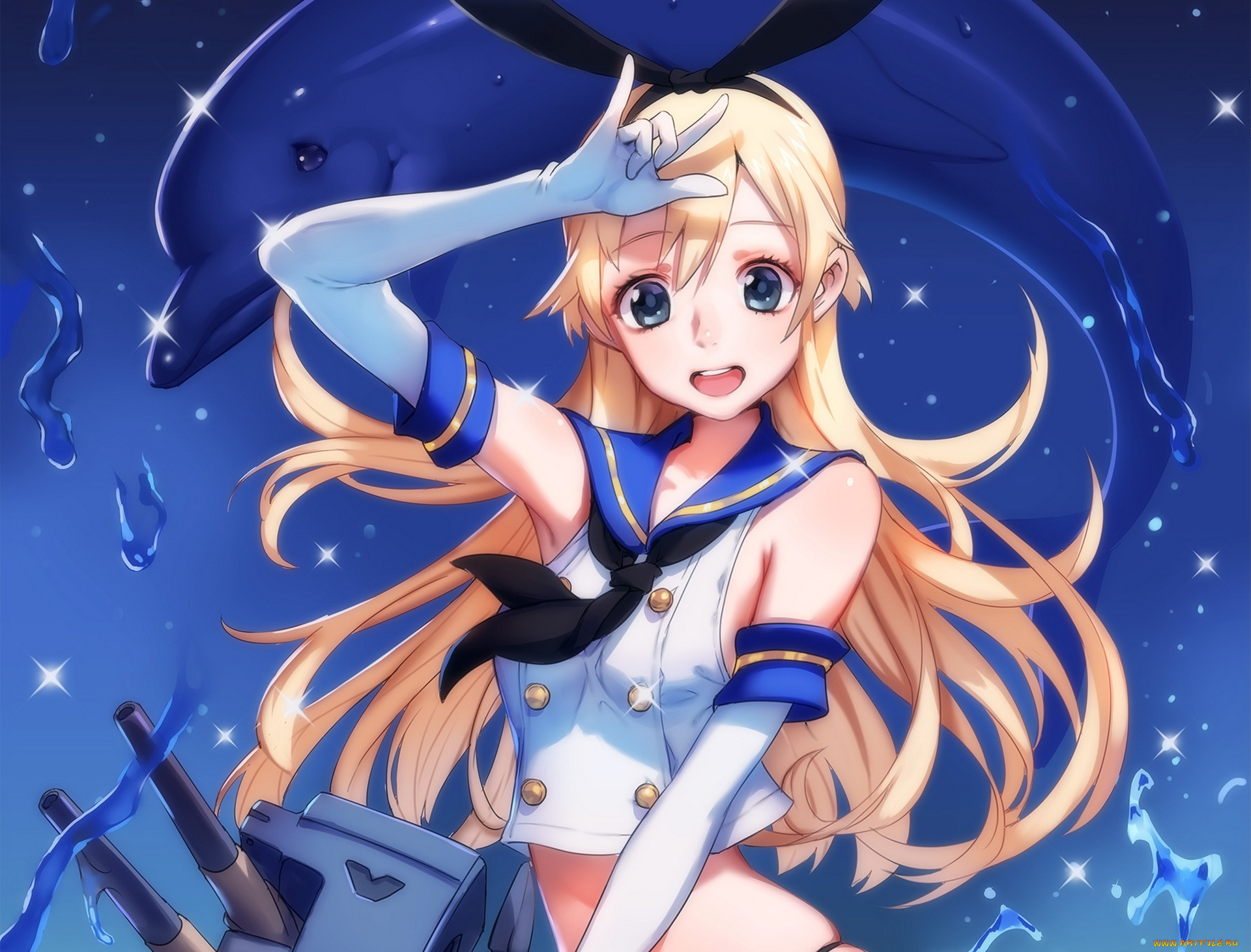 аниме, kantai, collection, art, mhk, девушка, shimakaze, взгляд, радость, жест, матроска, дельфин, робот, брызги, kantai, collection