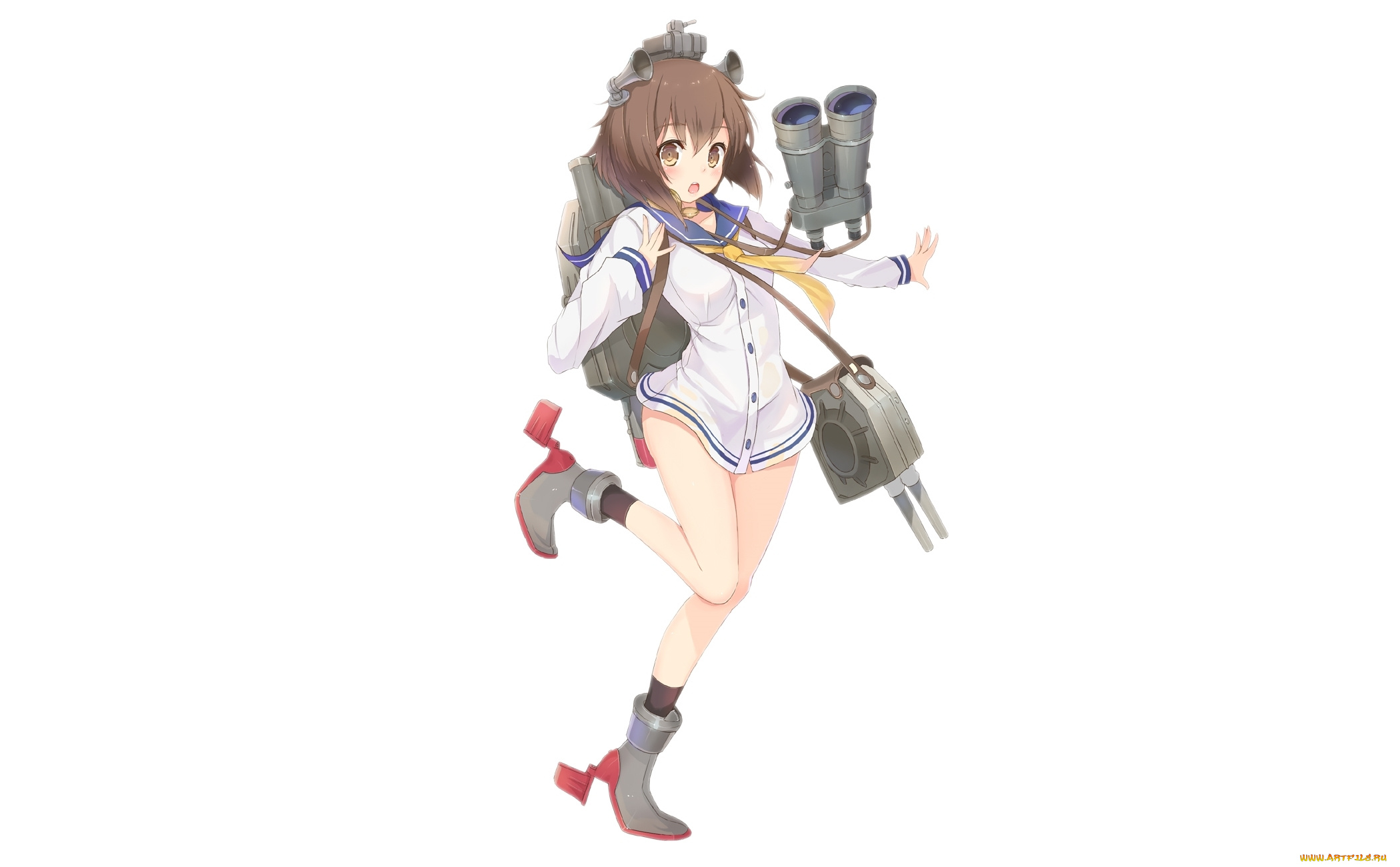 аниме, kantai, collection, art, kagerou, девушка, yukikaze, destroyer, удивление, смущение, жест, оружие, простой, фон, kantai, collection