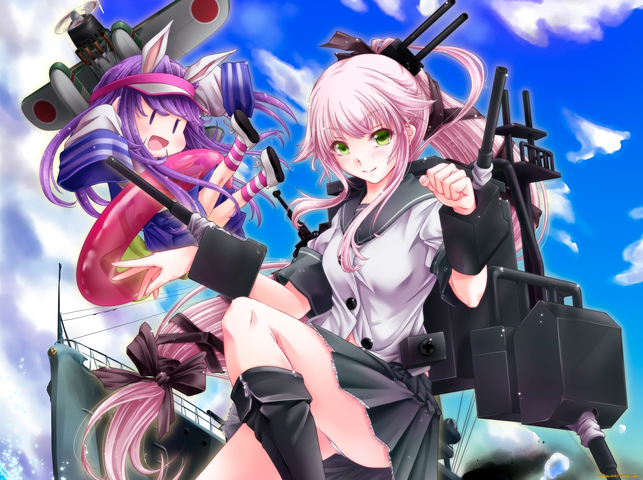 аниме, kantai, collection, art, tsukineko, девушка, yura, взгляд, улыбка, трусики, оружие, чиби, kantai, collection