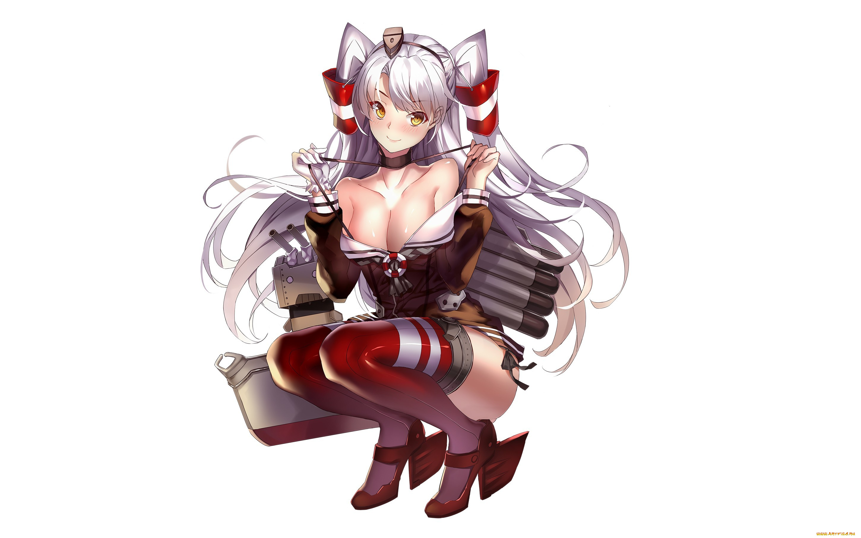 аниме, kantai, collection, art, miyazaki, byou, девушка, rensouhou-kun, взгляд, улыбка, декольте, грудь, оружие, робот, простой, фон, kantai, collection