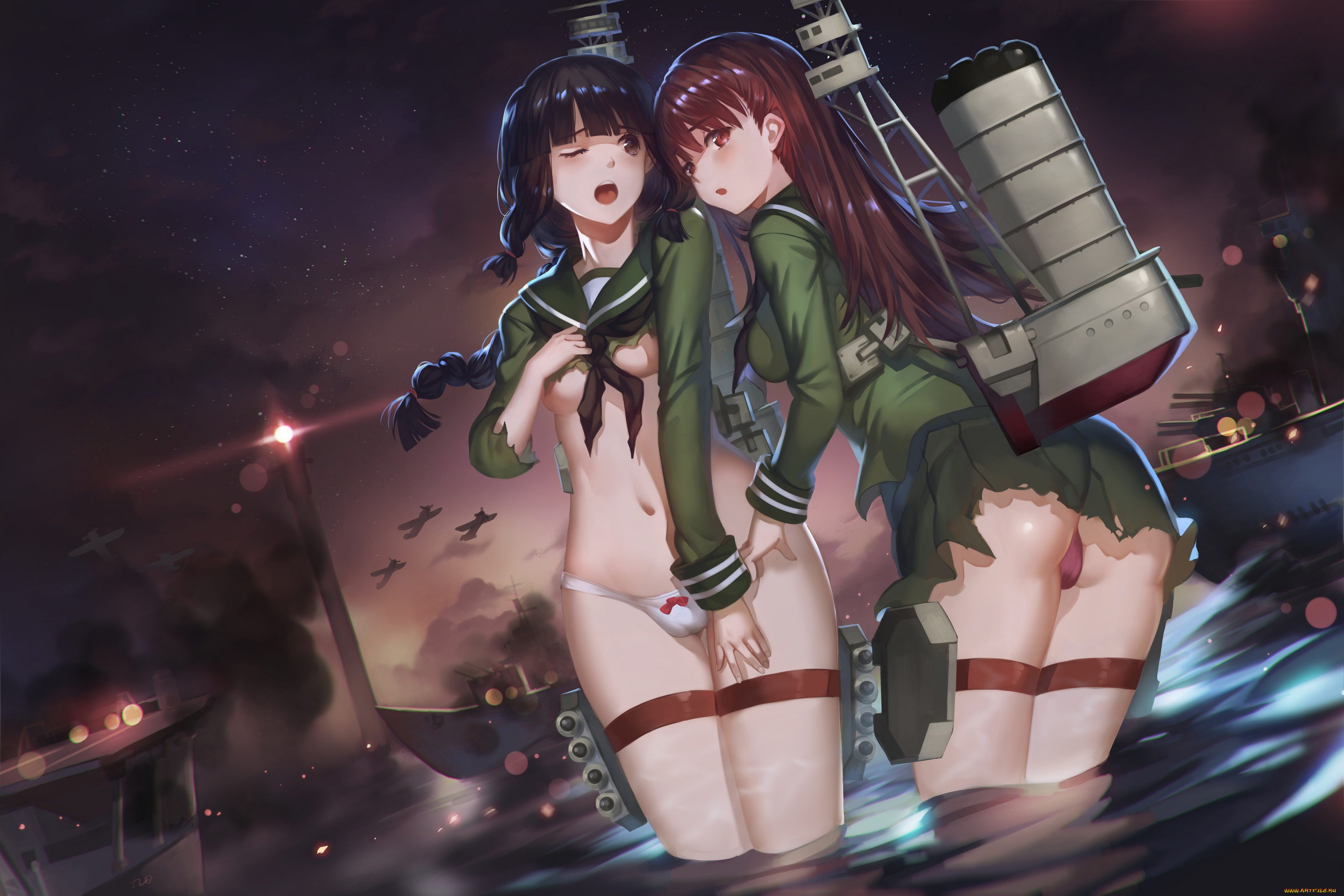 аниме, kantai, collection, art, yykuaixian, девушки, kitakami, light, cruiser, ooi, взгляд, смущение, грудь, трусики, объятья, корабли, самолеты, море, kantai, collection
