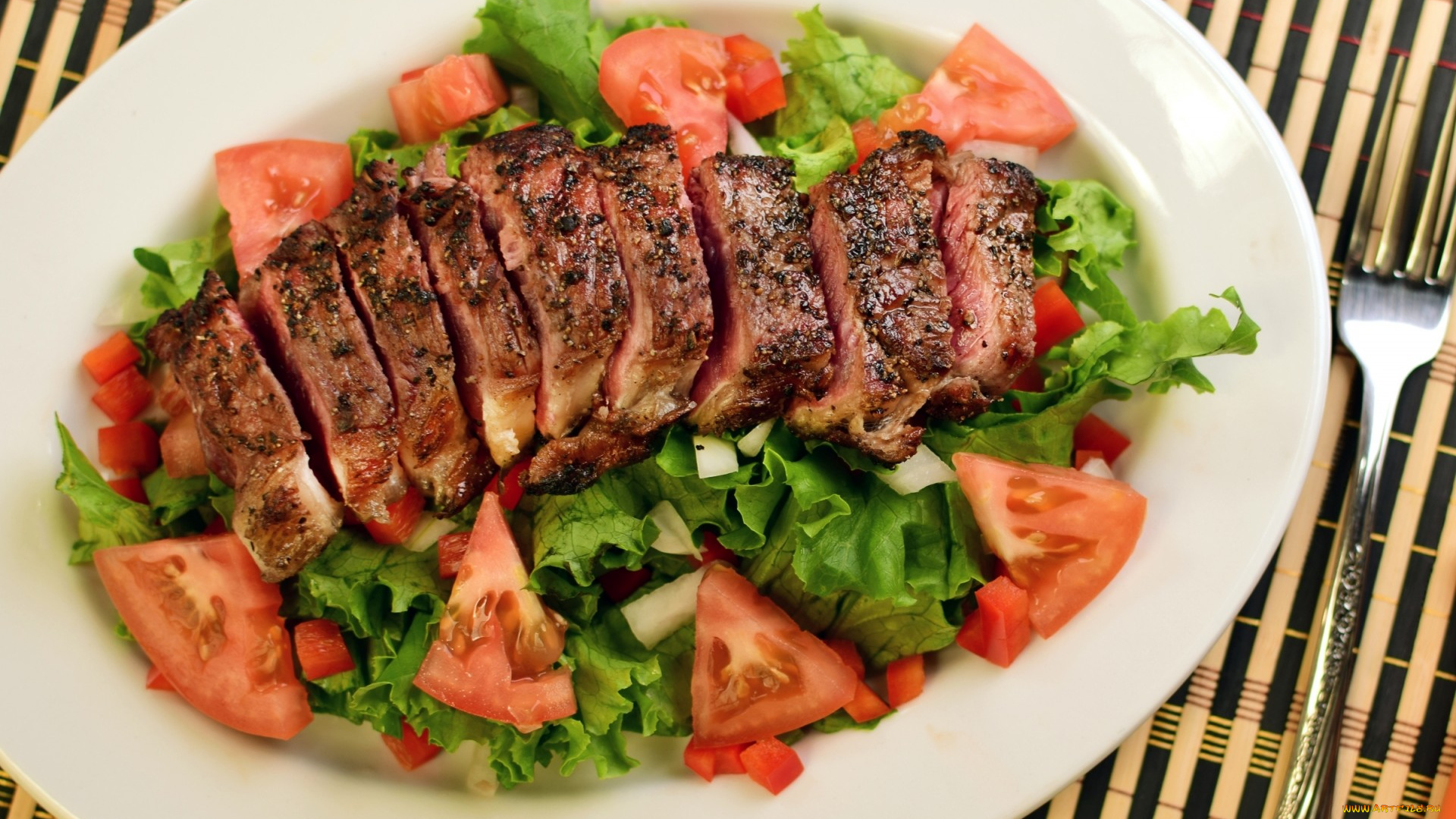 еда, мясные, блюда, помидоры, салат, зелень, мясо