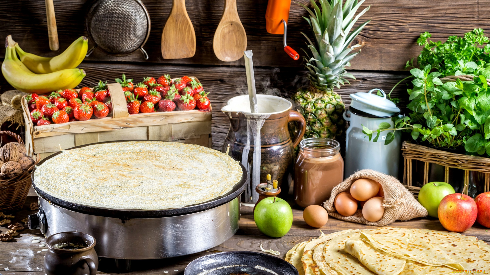 еда, разное, блины, базилик, яйца, банан, орехи, петрушка, яблоки, клубника, ананас, тесто