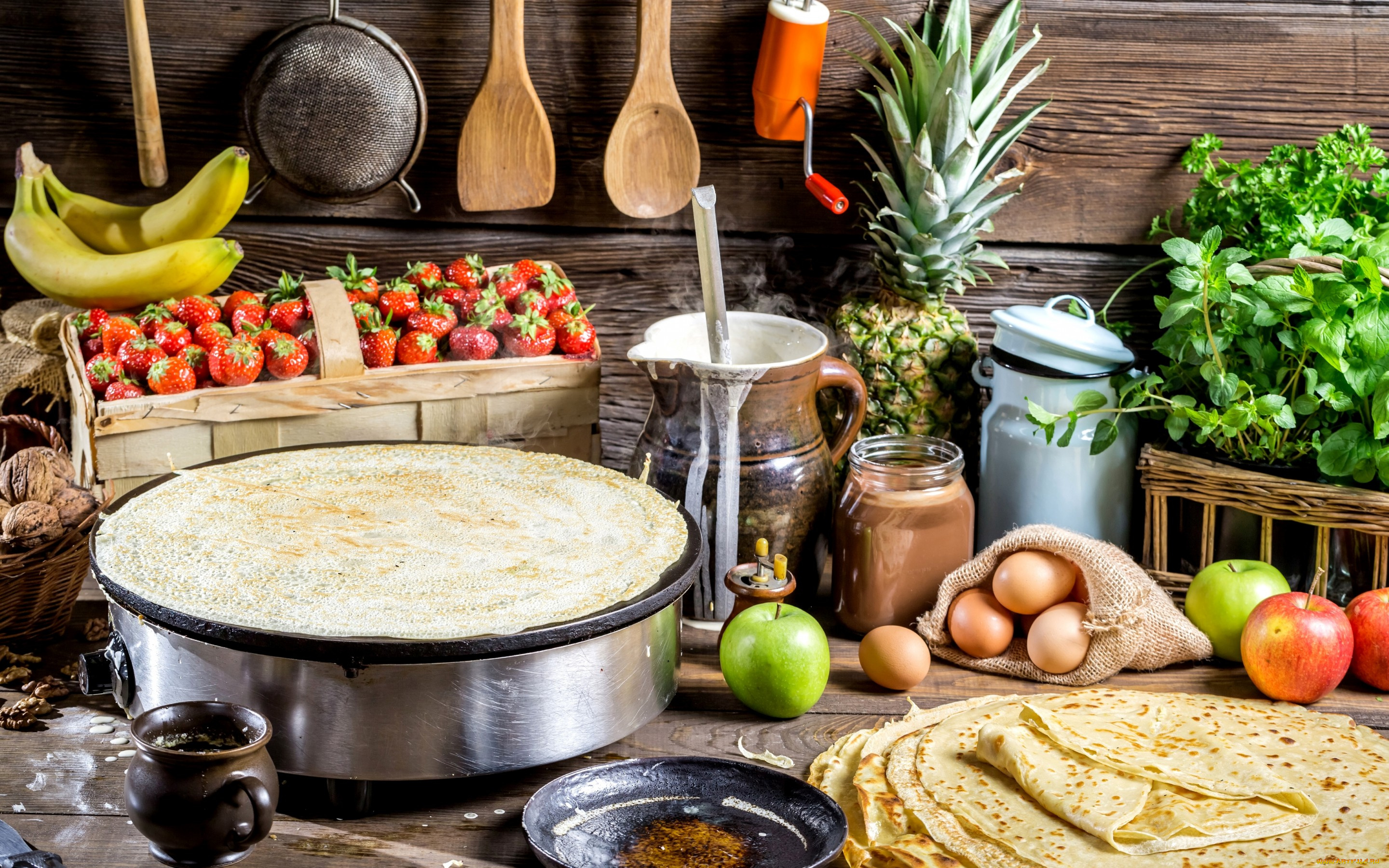 еда, разное, блины, базилик, яйца, банан, орехи, петрушка, яблоки, клубника, ананас, тесто