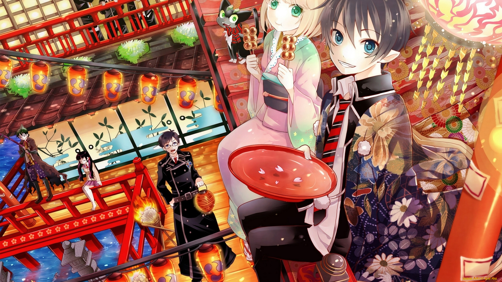 аниме, ao, no, exorcist, маг, демон, дети, фонирики, праздник, кимоно