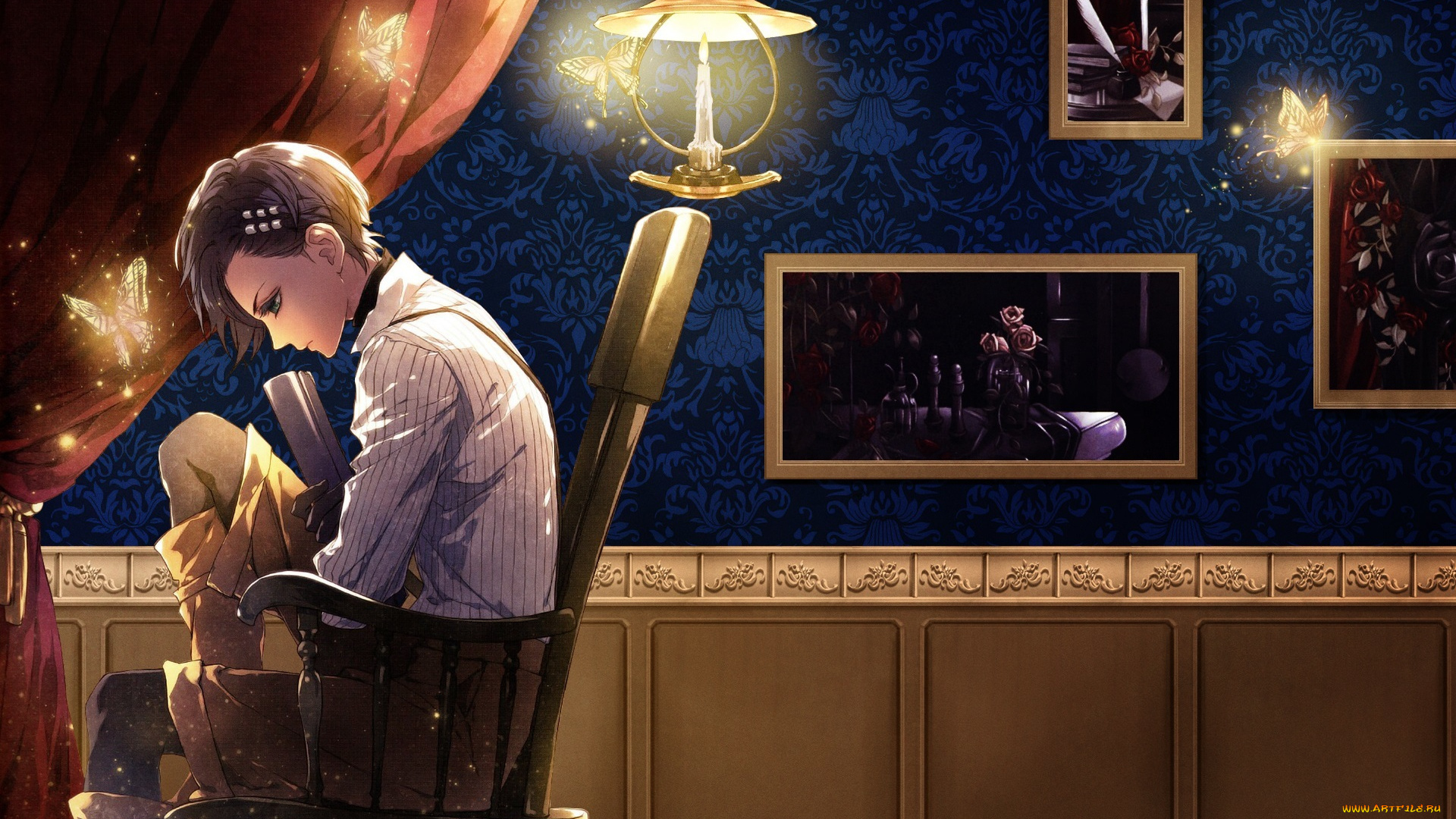 аниме, wand, of, fortune, est, rinaudo, кресло, стена, картины, занавеска, рубашка, грусть, лампа, мотыльки