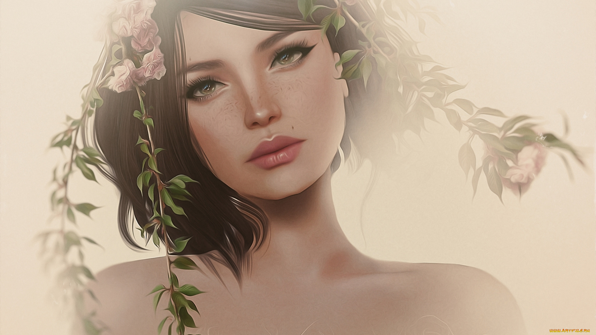 рисованное, люди, девушка, портрет, цветы, лицо