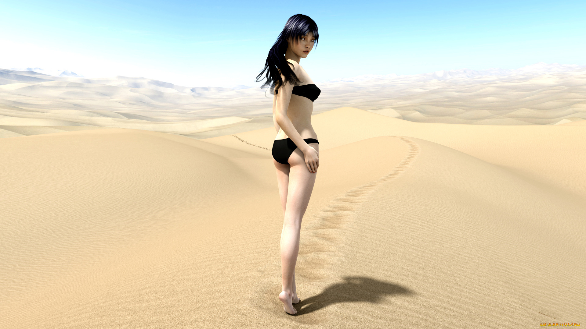 3д, графика, люди, , people, купальник, пустыня, взглялд, фон, девушка