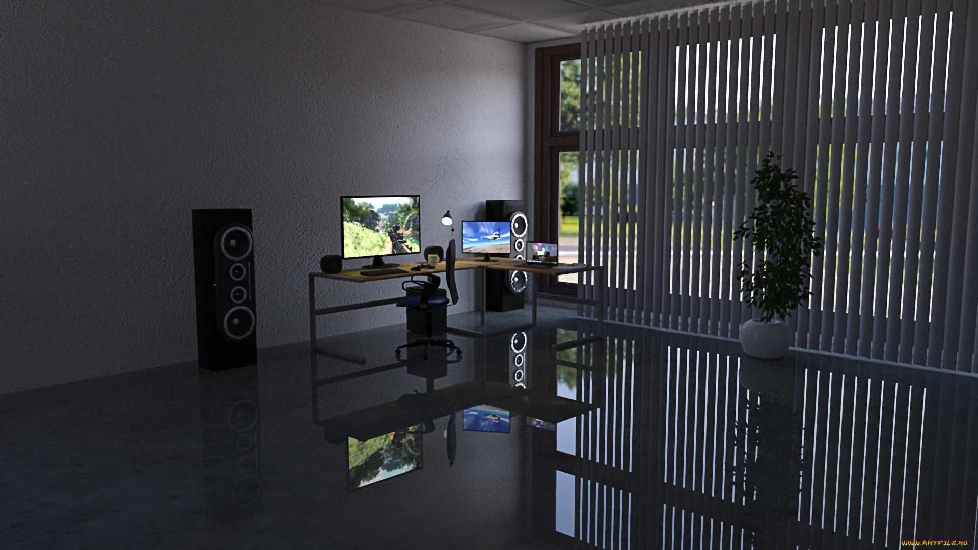 3д, графика, реализм, , realism, комната, компьютер, колонки, стол