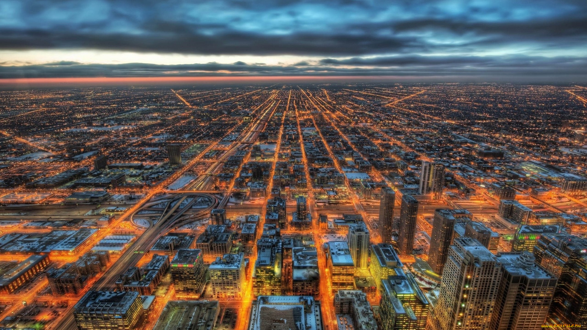 города, Чикаго, , сша, тучи, панорама, улицы, огни, город