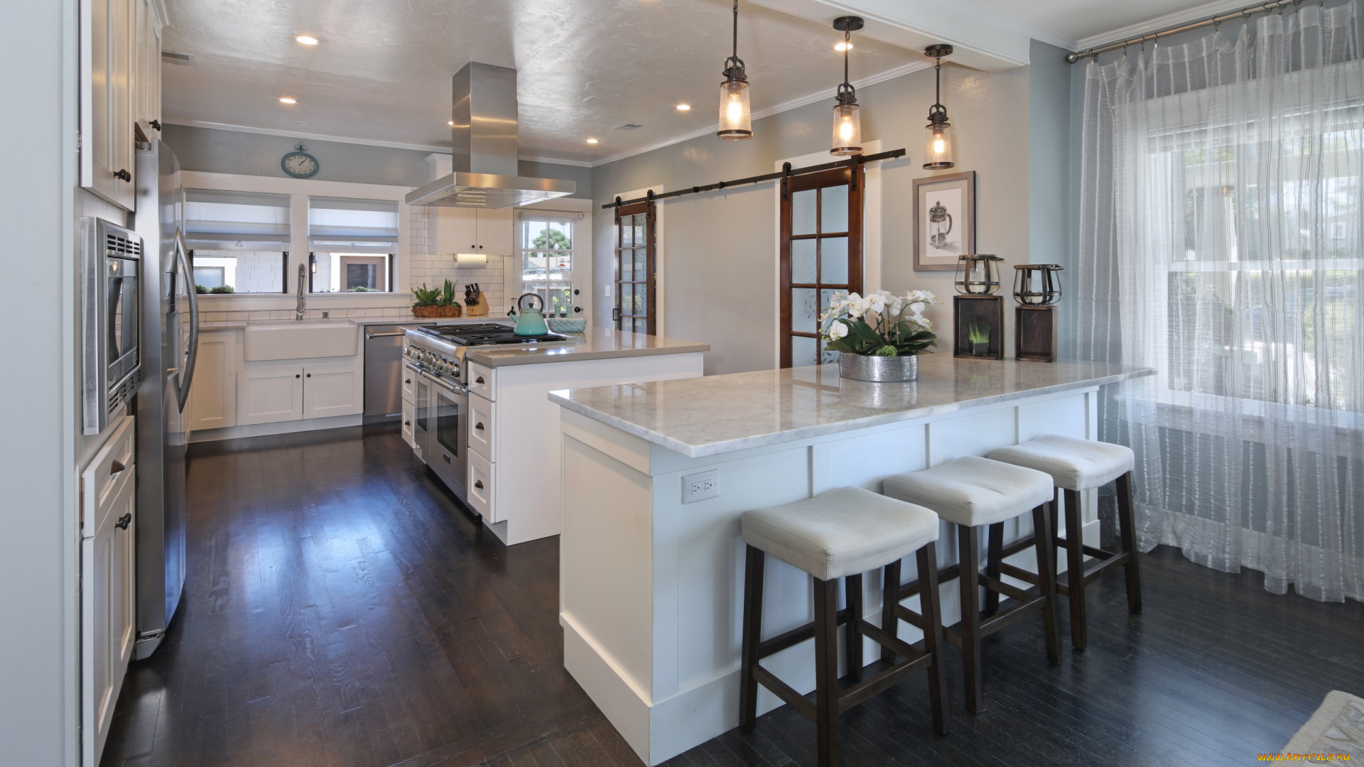 интерьер, кухня, стулья, мебель, фрукты, светильники