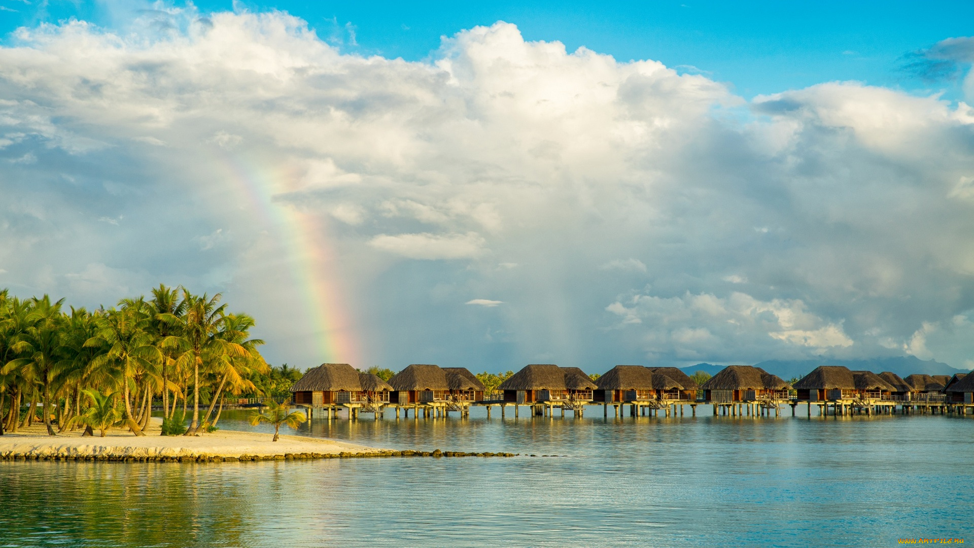 природа, радуга, облака, водоем, пальмы, постройки
