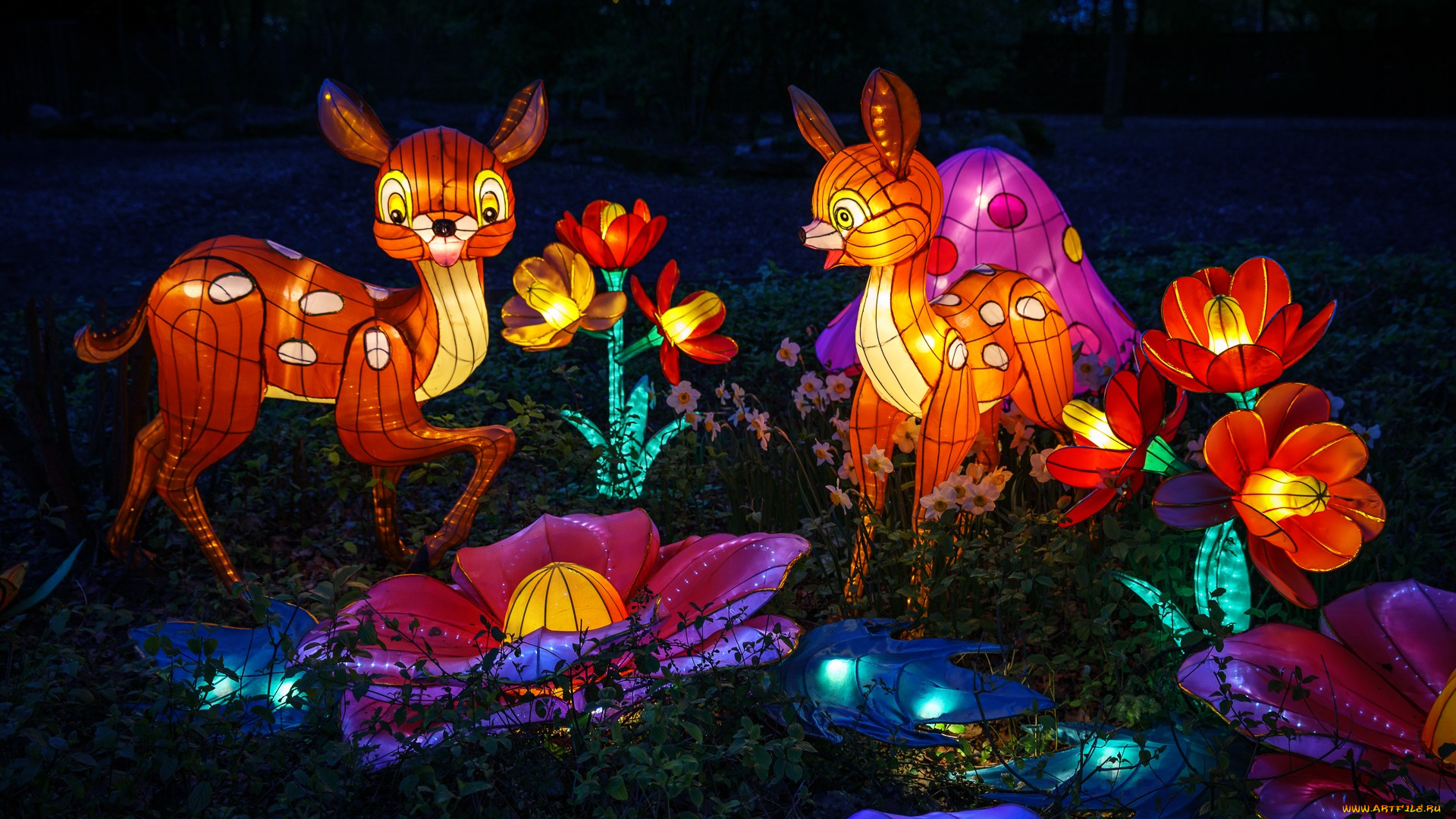 разное, иллюминация, бэмби, вечер, зоопарк, китай, красиво, огни, олень, фигура