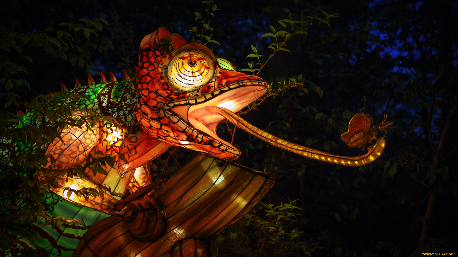 разное, иллюминация, вечер, дракон, зоопарк, китай, красиво, огни, фигура, хамелеон