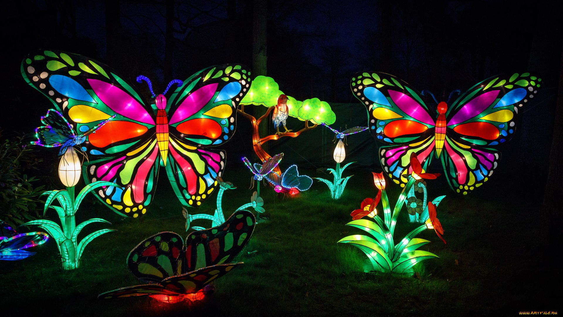 разное, иллюминация, вечер, животные, зоопарк, китай, красиво, огни, персонажи, представление, сказка, фигура, цветы