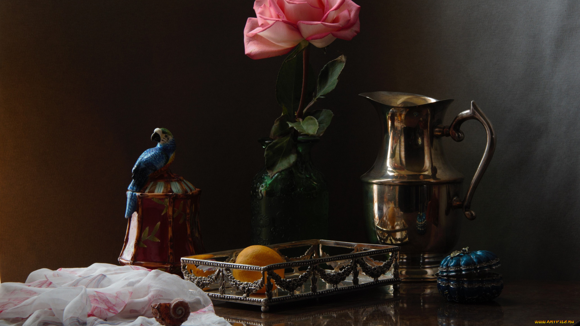 разное, предметы, быта, натюрморт, с, цветами, розой