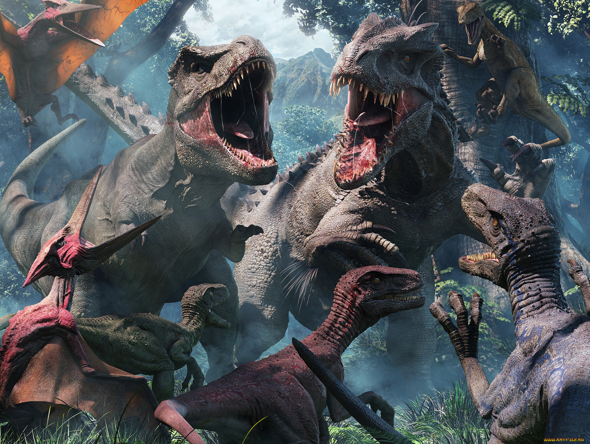 разное, динозавры, трава, природа, много