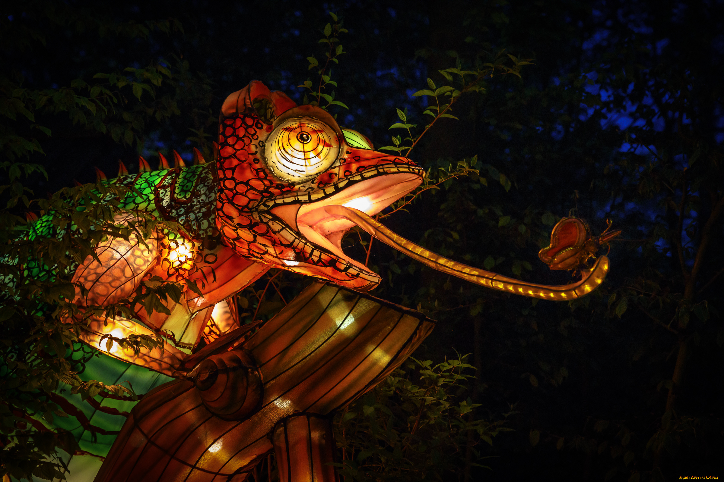 разное, иллюминация, вечер, дракон, зоопарк, китай, красиво, огни, фигура, хамелеон