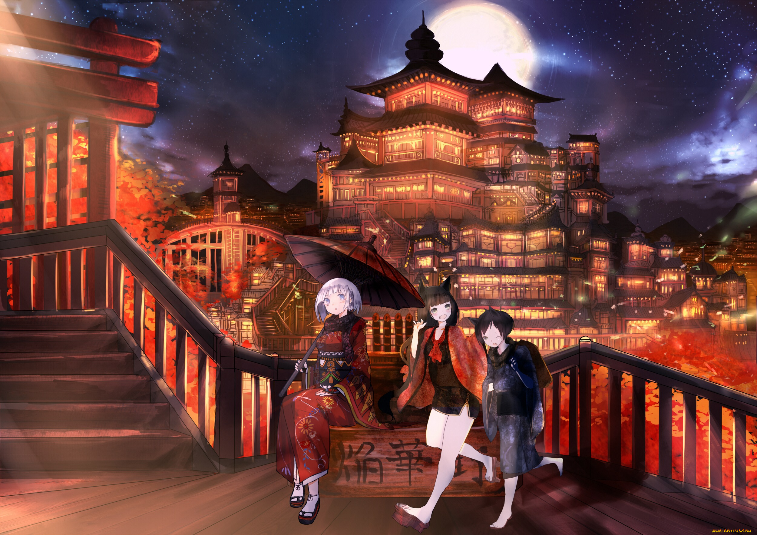 аниме, город, , улицы, , здания, девушки