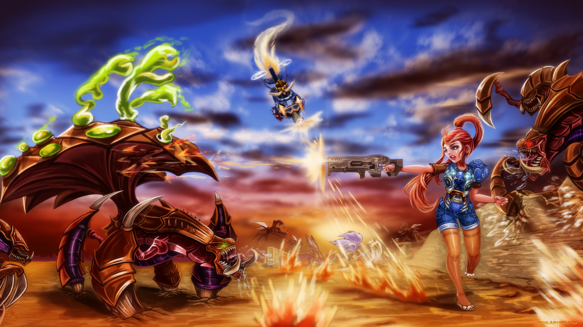 рисованное, комиксы, бой, фон, девушка, существа