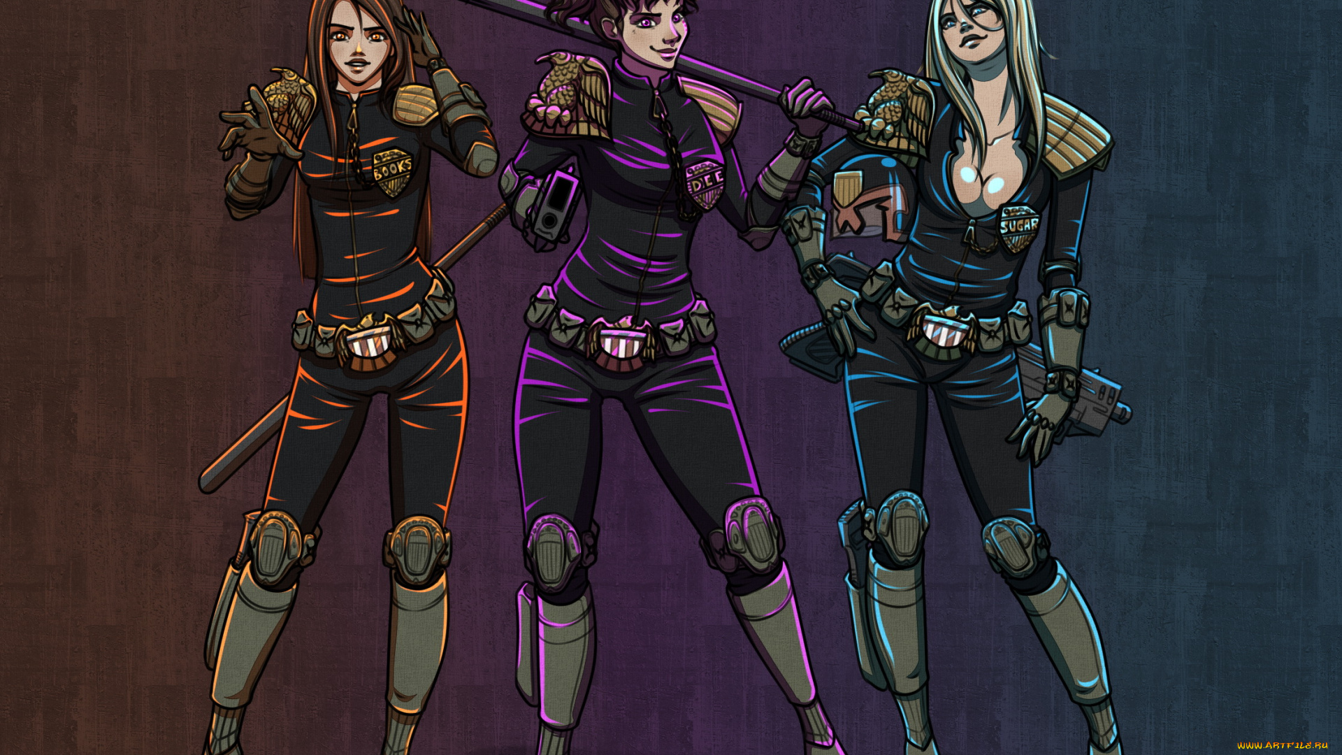 рисованное, комиксы, фон, девушки, униформа, взгляд