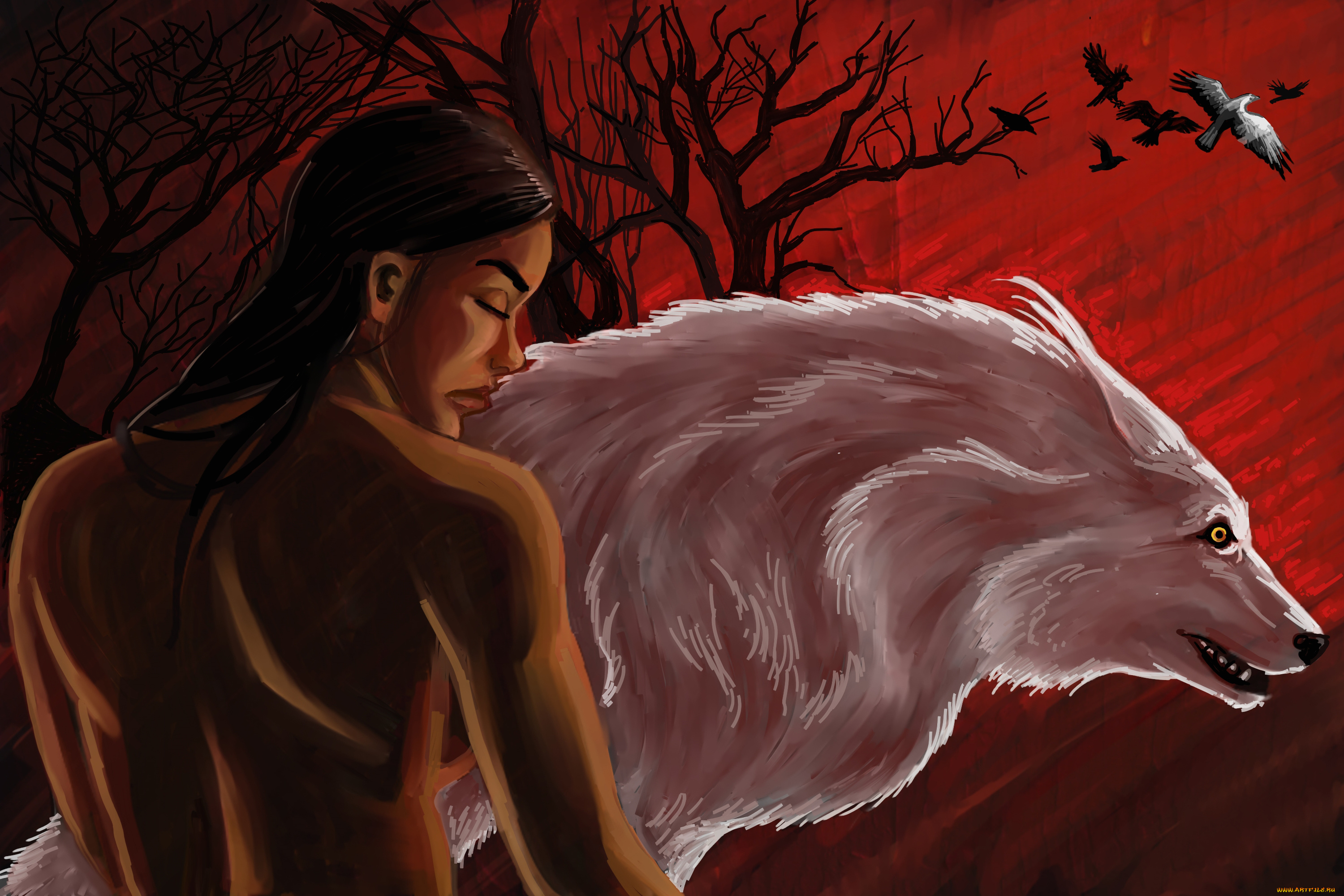 рисованное, комиксы, волк, фон, девушка